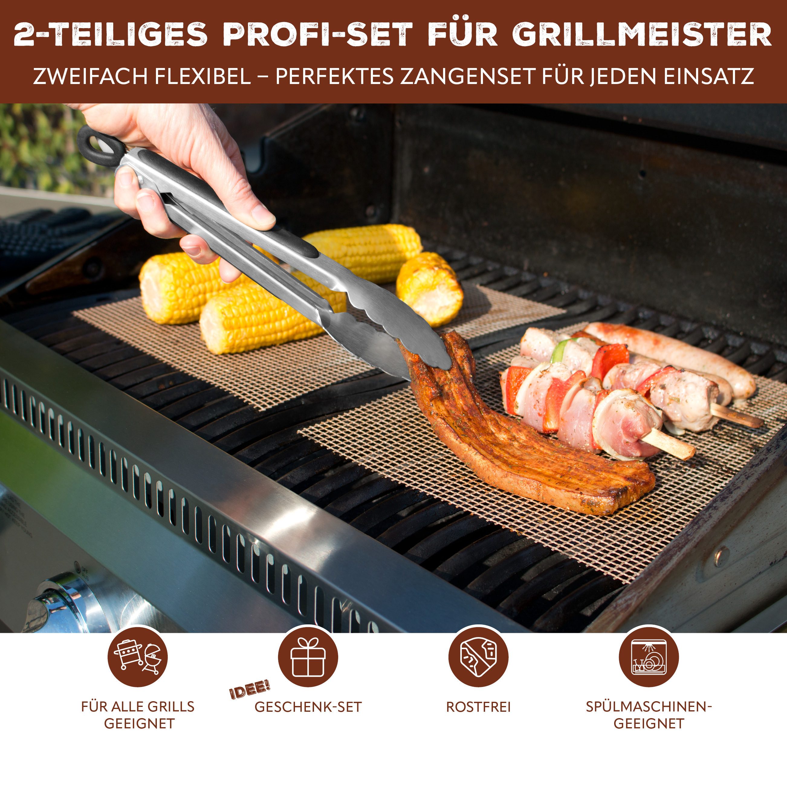 bremermann Grillzange Grillzangen 2er-Set, ca. 44,5 (XL) und 28 (S) cm Länge, Edelstahl, mit Feststellmechanismus – Bild 2 von 5