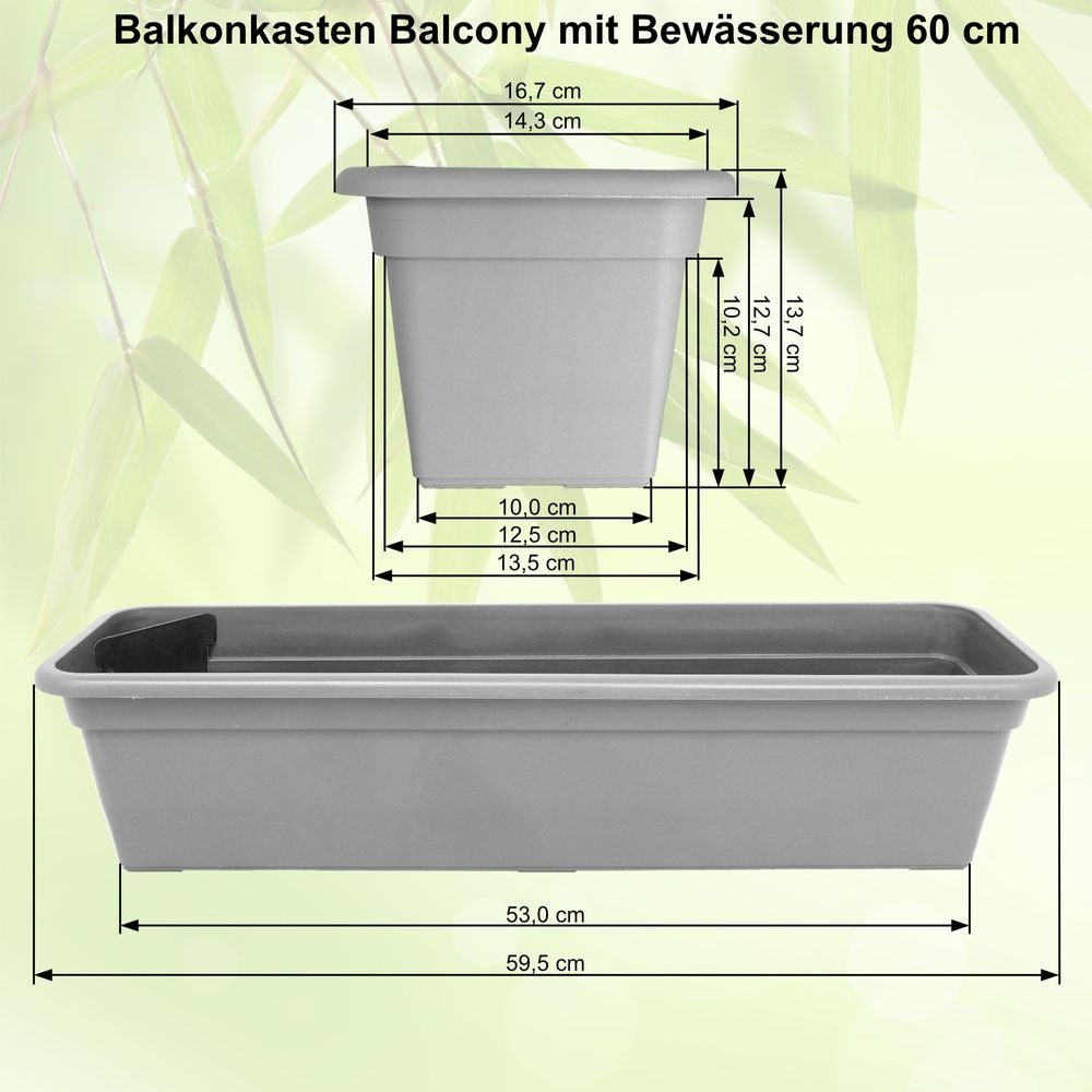 Heimwerkercenter Balkonkasten MePla Blumenkasten Balcony + Bewässerung 60x16,7cm Anthrazit, Kunstoff