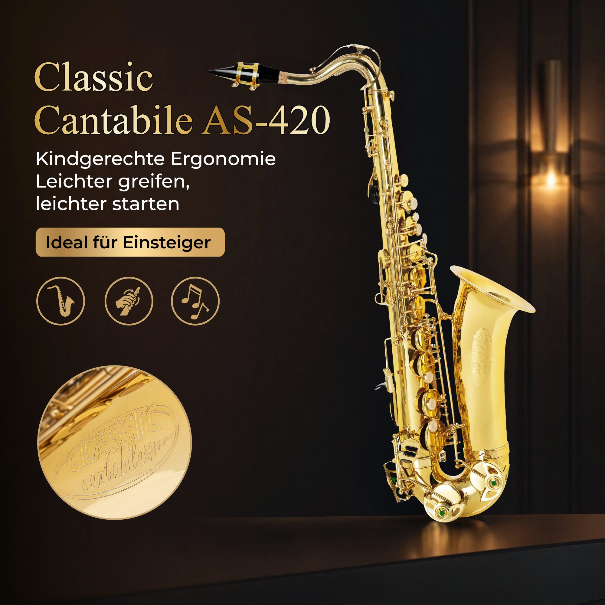 Classic Cantabile Saxophon AS-420 Altsaxophon Reeds Set - Das Kinder-Saxophon für Youngstars, Altsaxophon inkl. Leichtkoffer, Wollwischer und Blätter, 5-St., Set mit Koffer, Mundstück, Wollwischer und Blätter, Stimmung: Eb, Kindgerechte Mechanik mit enger liegenden Klappen