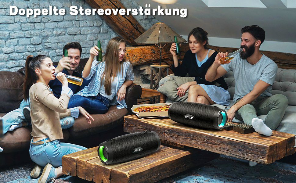 100W mit W, Outdoor Ortizan (Bluetooth, Lautsprecher LED Stereo Licht, Akku Sound 18H 100 mit Extra Bass) Lautsprecher