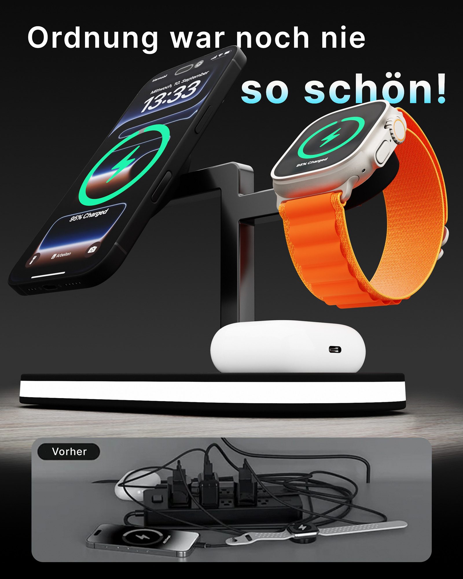 GreenHec Ladestation iPhone Apple Watch Induktiv LED-Licht Wireless MagSafe für Wireless Charger (3000 mA, Spar-Set, 3in1 PowerBase + USB-C Kabel + 20w Dual Cha – Bild 5 von 5