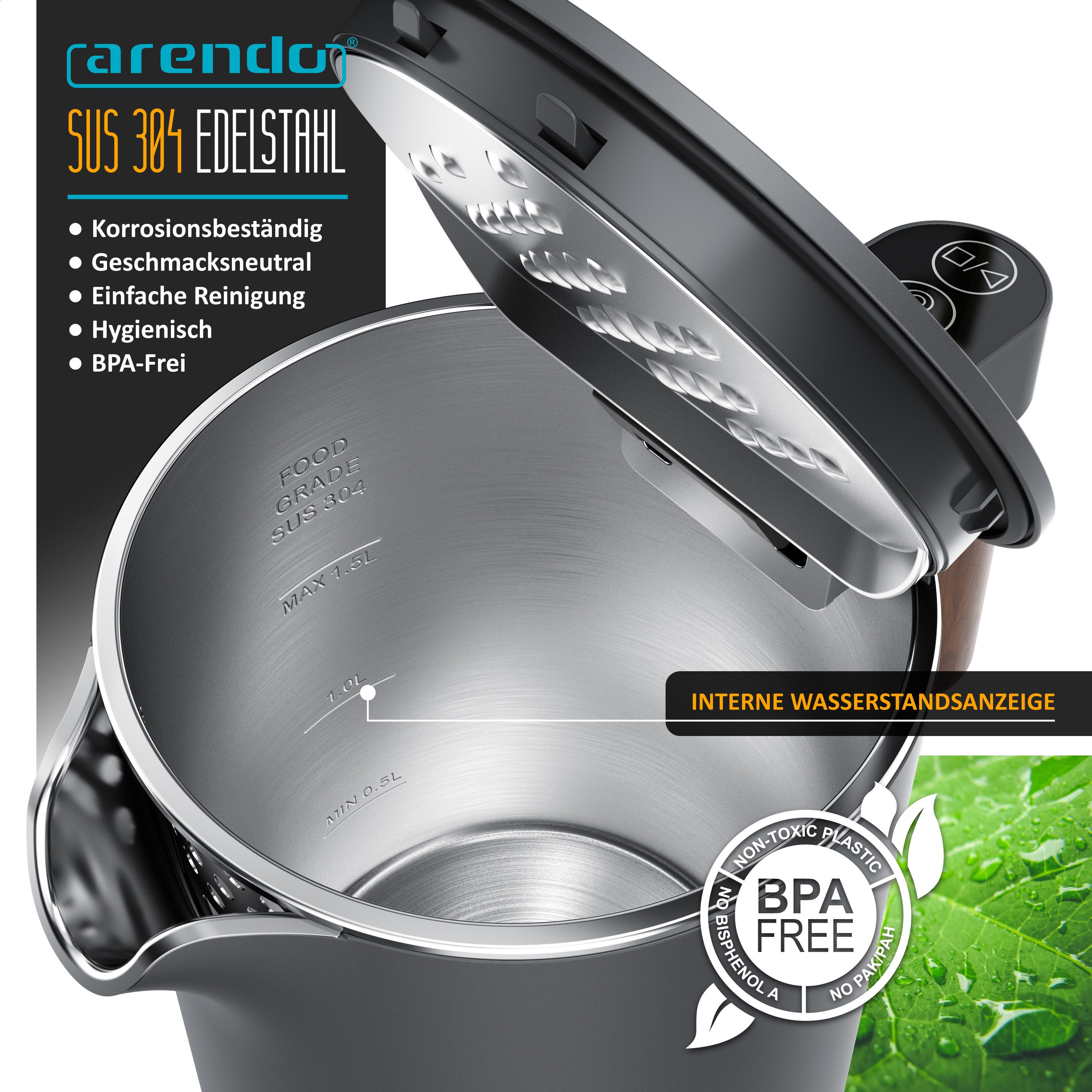 Arendo Wasserkocher aus Edelstahl, Temperatureinstellung, Doppelwand, Warmhaltefunktion, 1,5 l, 2200 W, Griff in Holzoptik, BPA-frei, Teekocher, Temperaturanzei – Bild 5 von 5