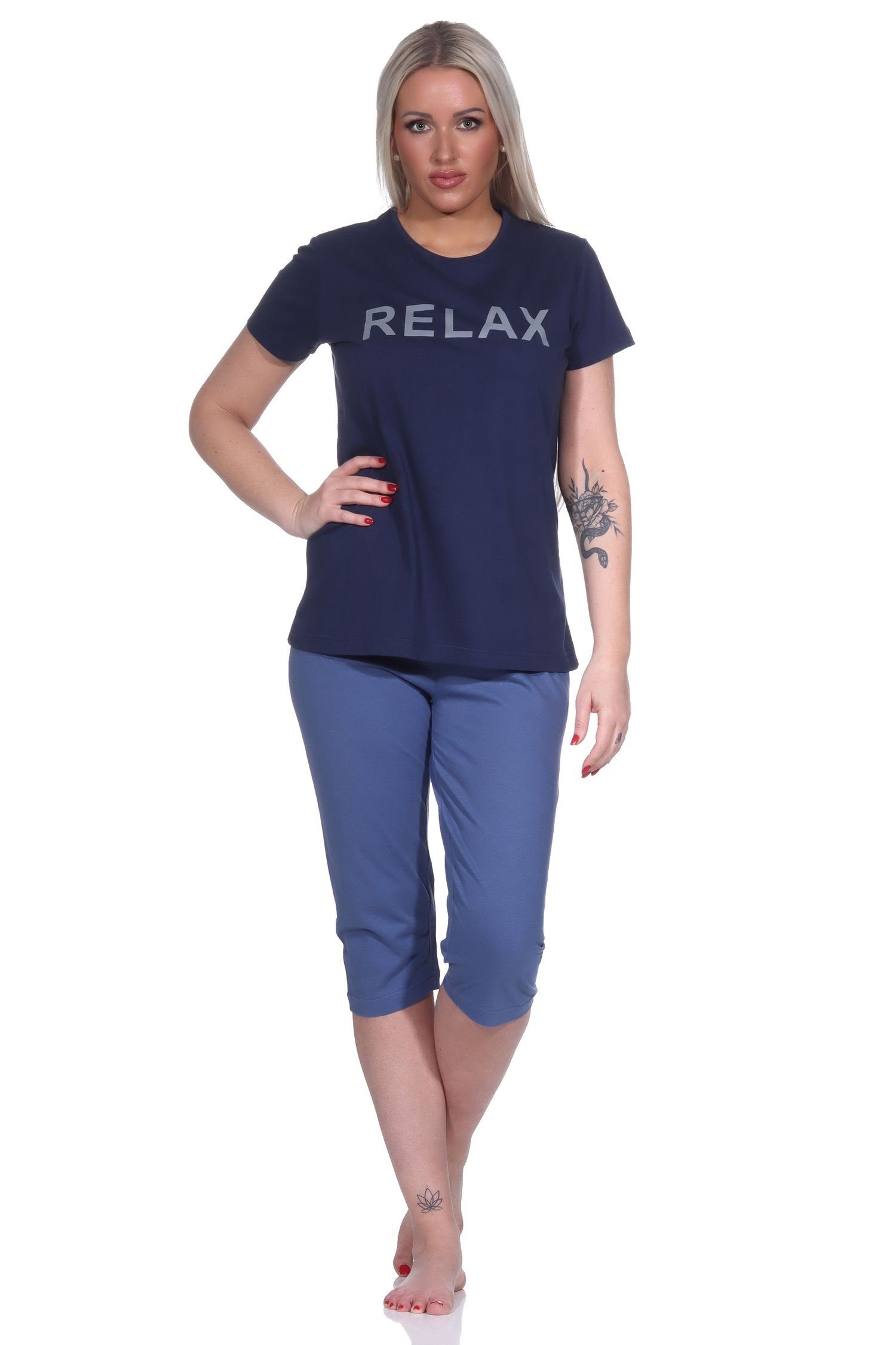 RELAX by Normann Pyjama Damen Capri Pyjama, kurzärmliger Schlafanzug mit Capri-Hose "RELAX" dunkelblau