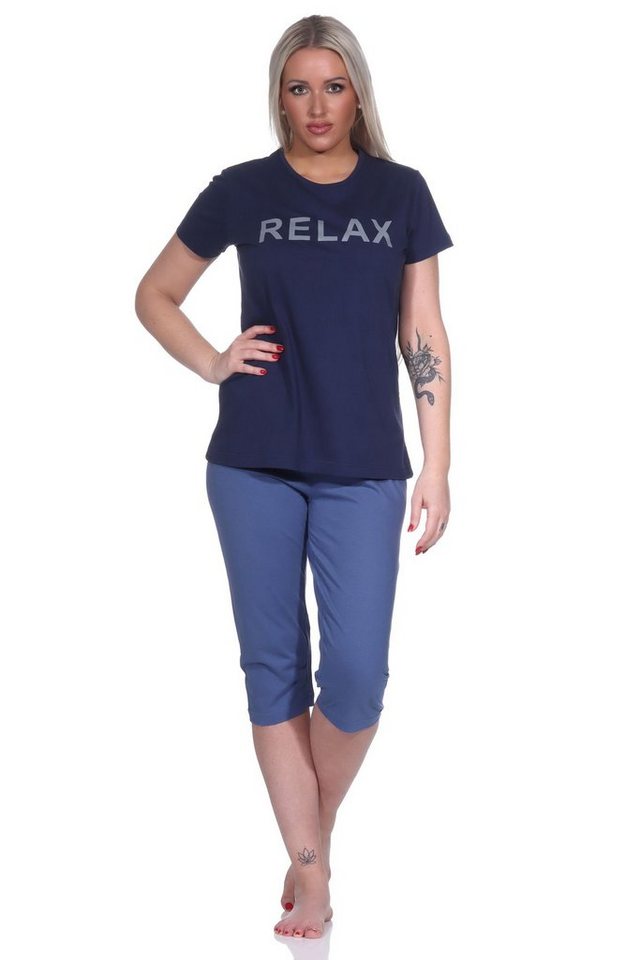 RELAX by Normann Pyjama Damen Capri Pyjama, kurzärmliger Schlafanzug mit  Capri-Hose \