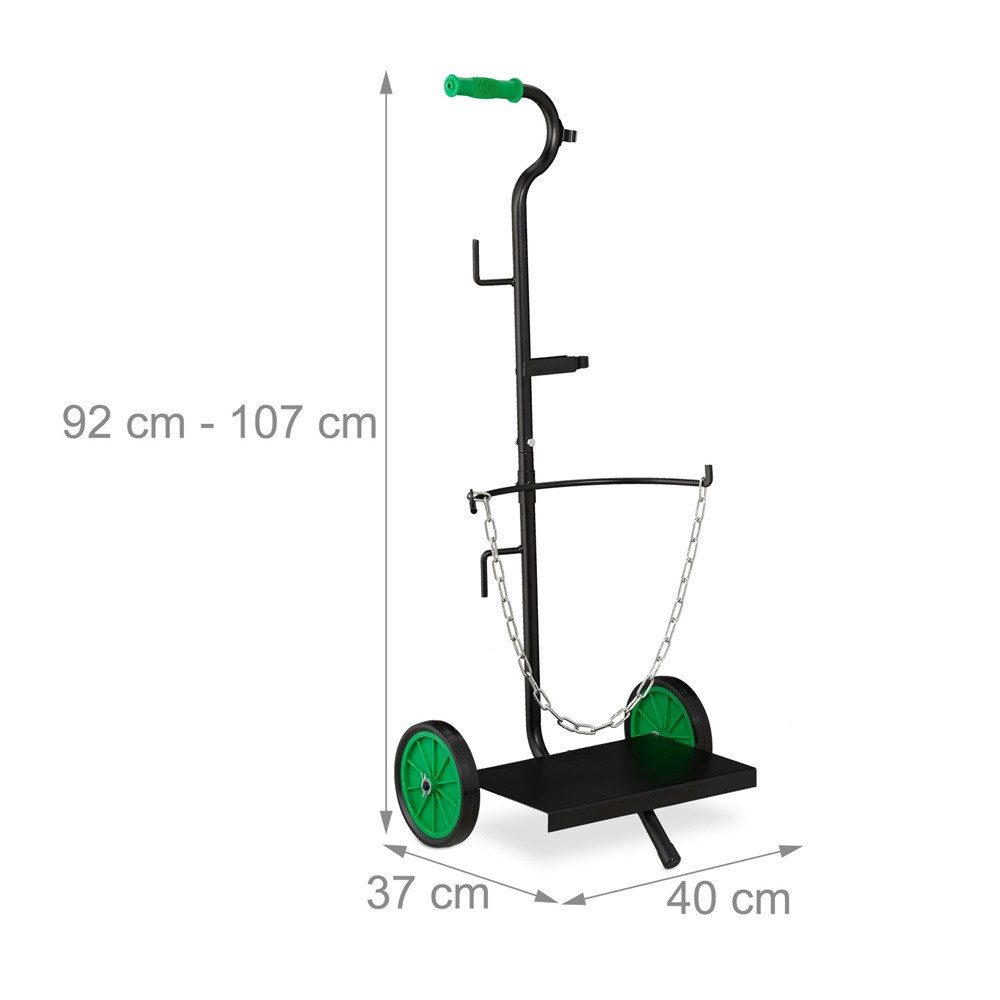 relaxdays Sackkarre 1 Sackkarre Gas Transportwagen bis 25 kg, Höhenverstellbar, Mit Befestigungskette, Mit Haltern & Haken