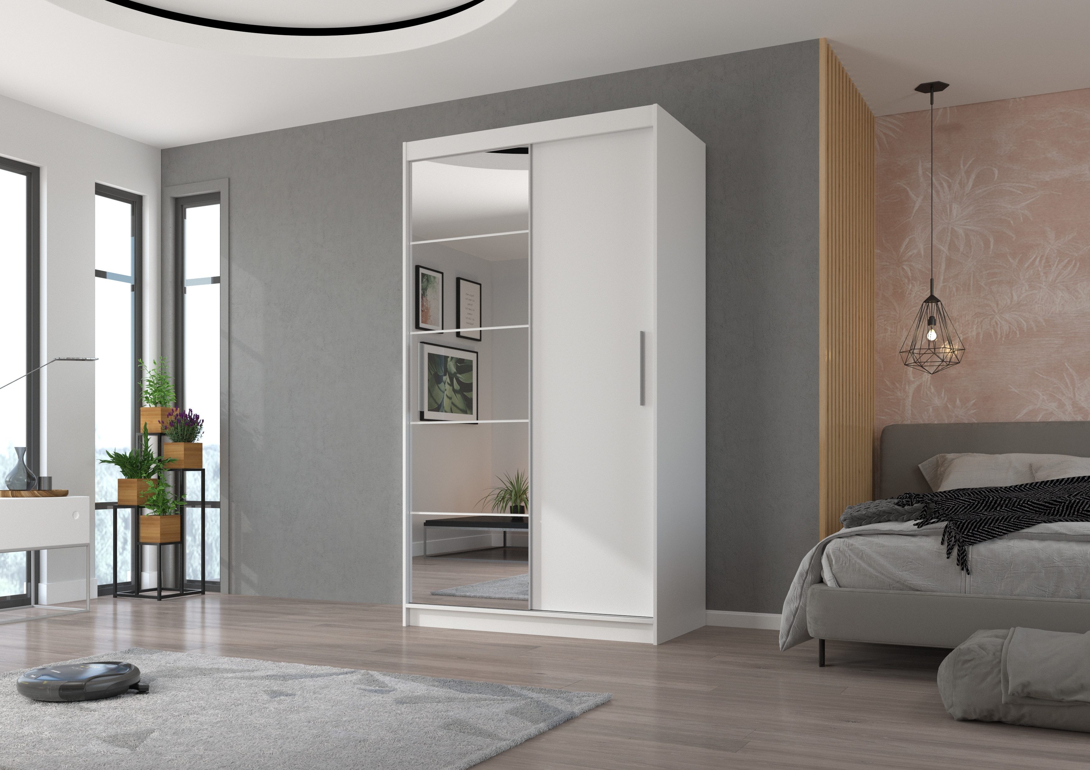 MOEBLO Schiebetürenschrank LUZERN (mit Spiegel – 120/150/180 cm, Weiss oder Kaschmir, Kleiderschrank mit Schiebetüren, modern & platzsparend, Schwebetürenschrank Schrank Garderobe Schiebtüren Schlafzimmer Wohnzimmerschrank) (BxHxT): 120/150/180 x 215 x 59 cm