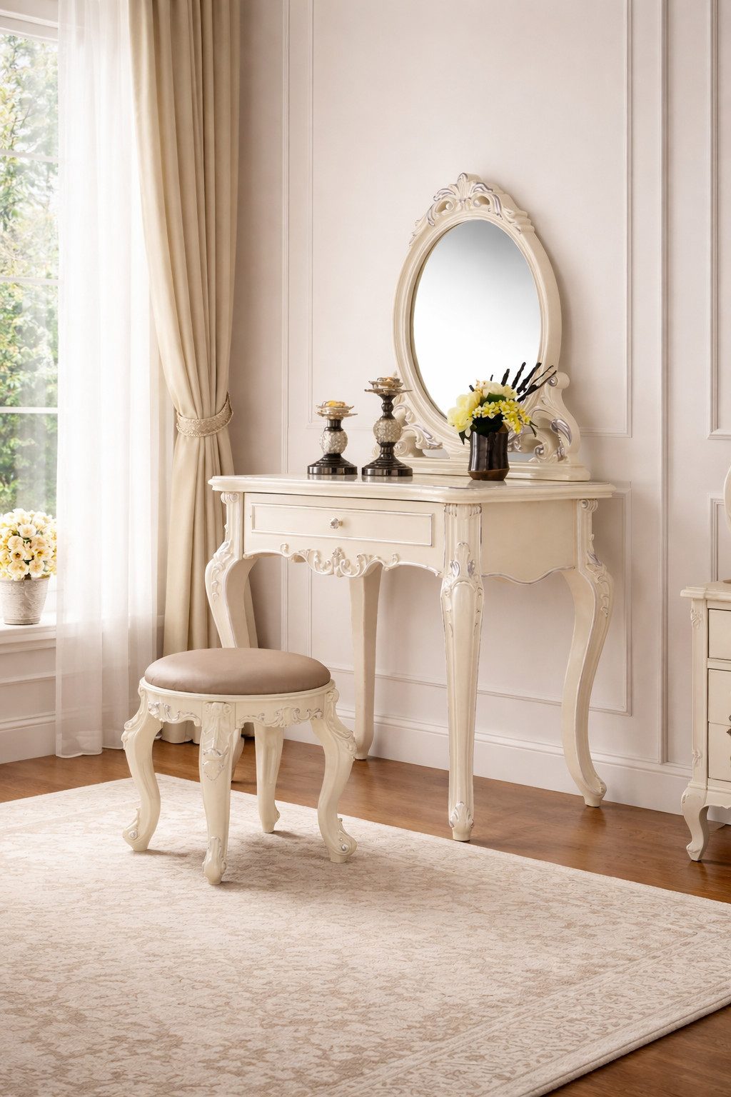 JVmoebel Schminktisch Eleganter Schminktisch mit Spiegel und Hocker im Barockstil Sofort (2-St., Schminktisch + Hocker), Made in Europa