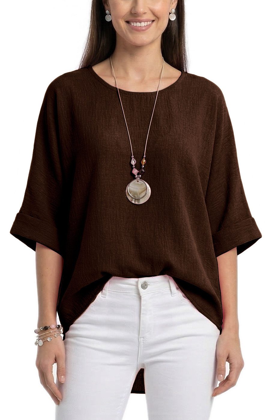dy_mode Kurzarmbluse Damen Bluse Oversize Tunika Leichte Viskosebluse Oberteil Einfarbig in Unifarbe, High-Low Saum, mit passende Kette