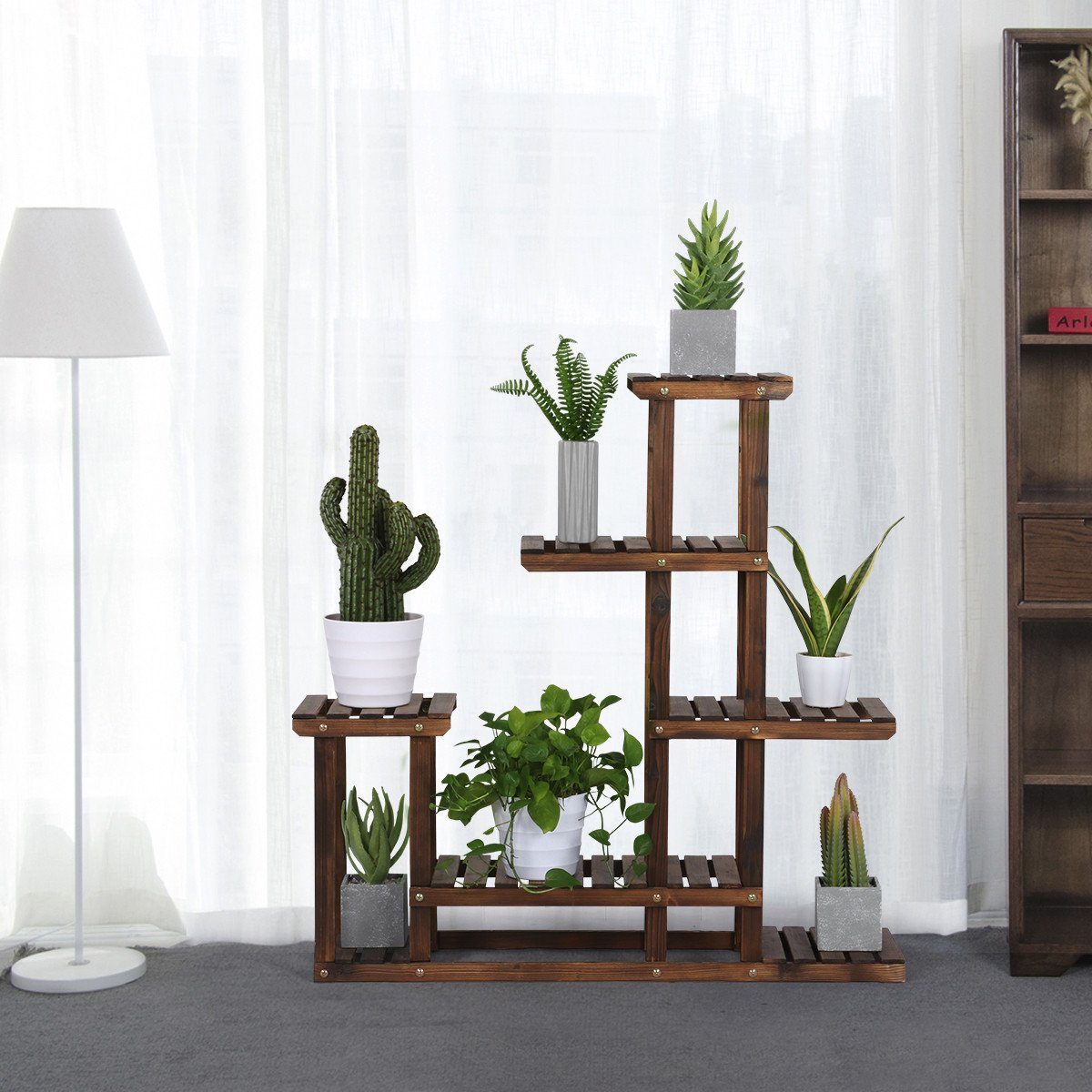 Yaheetech Blumenständer Pflanzenständer 5 Etagen, aus Tannenholz für Innen- und Außenbereich, 97 × 25 × 96 cm