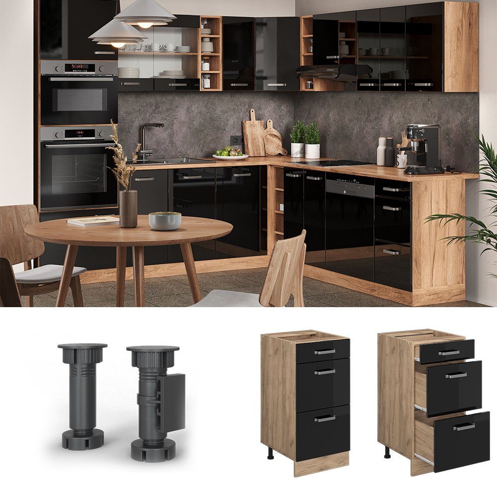 Vicco Unterschrank R-Line Schwarz Hochglanz/Eiche 40cm mit Schubladen ohne Arbeitsplatte (1-St)