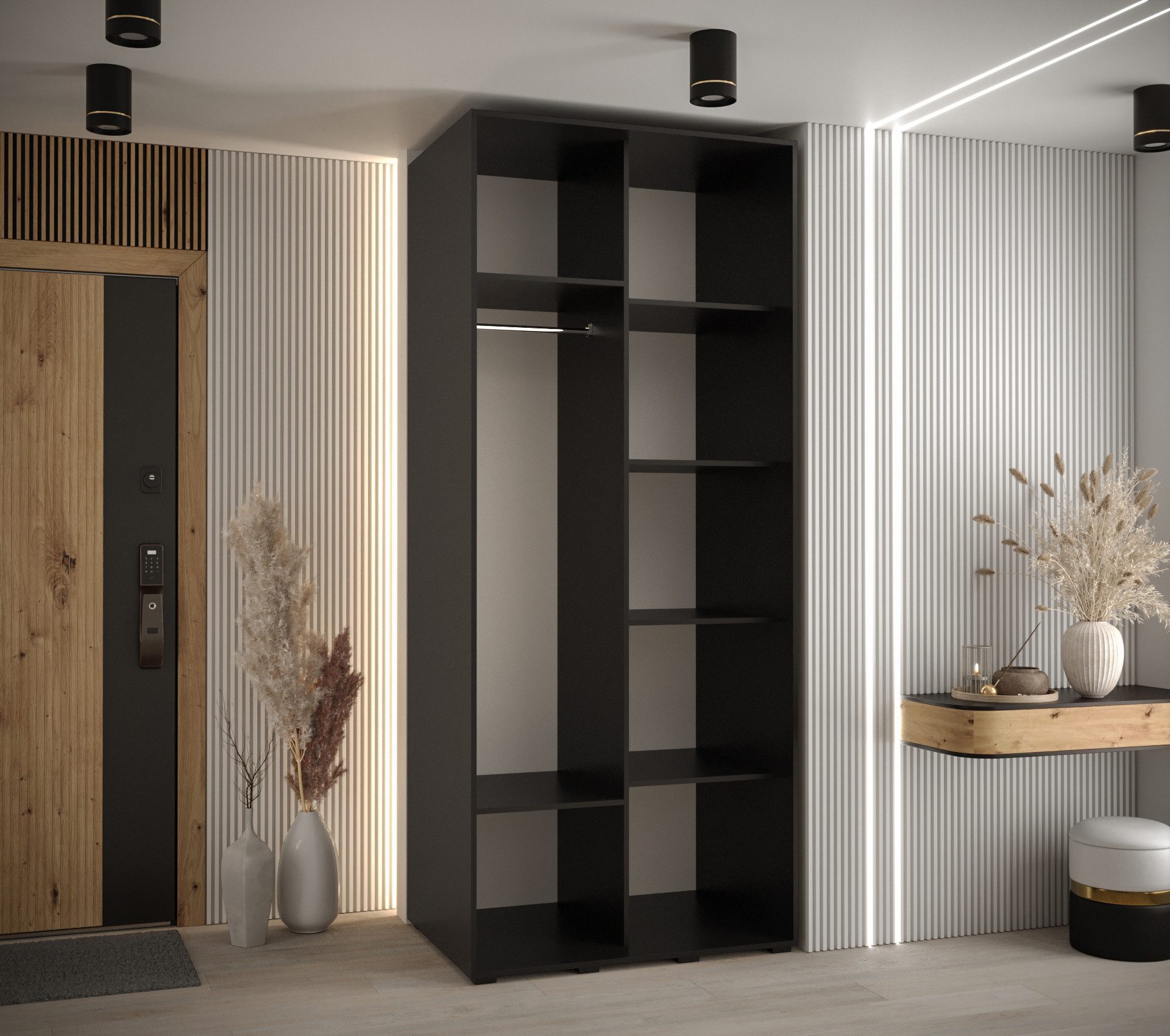 MOEBLO Schiebetürenschrank RILLO (Wohnzimmerschrank, Schwebetürenschrank 2-türig Schrank Garderobe Schiebtüren Schlafzimmer) Lamellen