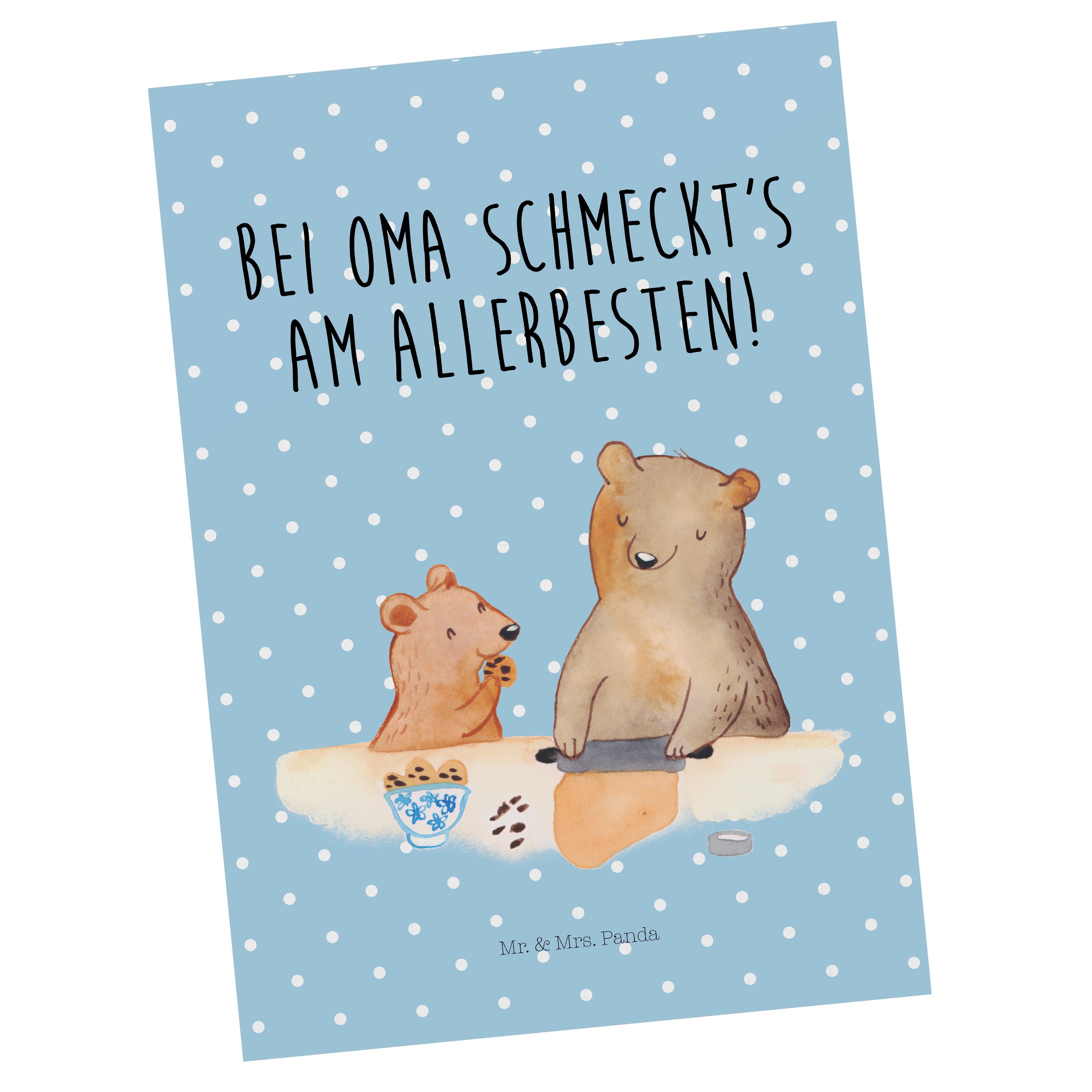 Mr. & Mrs. Panda Postkarte Oma Bär backen - Blau Pastell - Geschenk, Papa, Lieblingsomi, Einladu