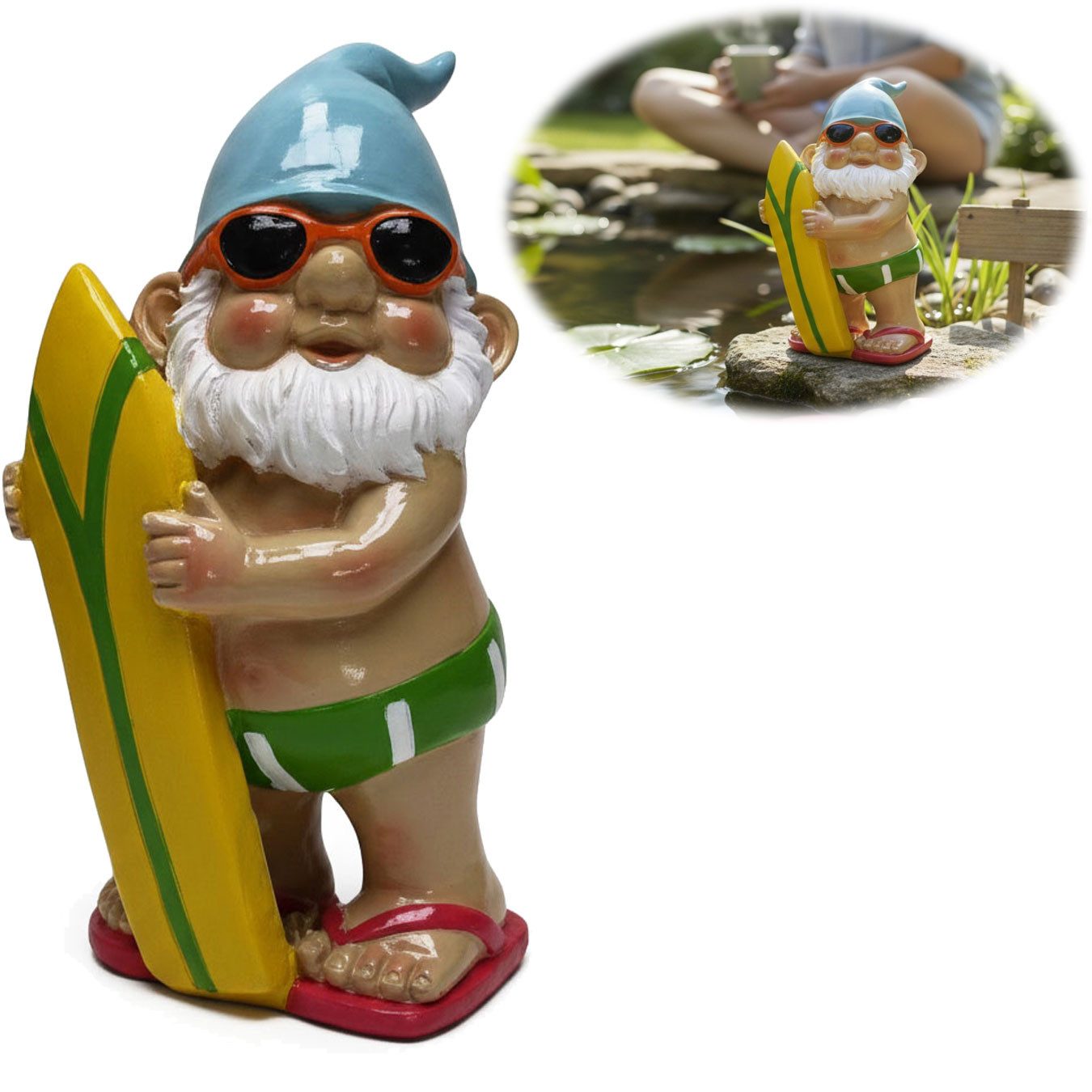 LS-LebenStil Gartenzwerg XL Deko Figur Gartenzwerg Surfer 20cm Gnom Skulptur Gartenstatue, (1 St), Zwerg Skulptur Objekt Statue Gartenfigur Teich Pool Deko