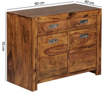 FINEBUY Sideboard FB36224 (Sheesham Massivholz 90x70x40 cm, Anrichte Modern), Kommode mit 2 Schubladen und 2 Türen, Highboard