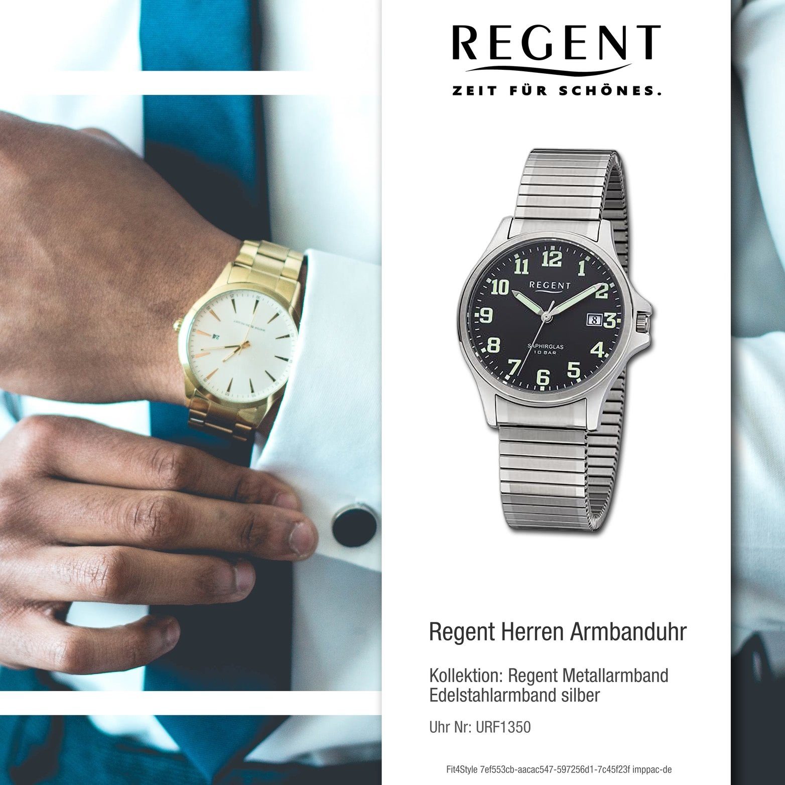 Regent Quarzuhr Regent Herren Armbanduhr (ca. Herrenuhr 36mm) Edelstahlarmband groß silber, rundes Gehäuse, Analog