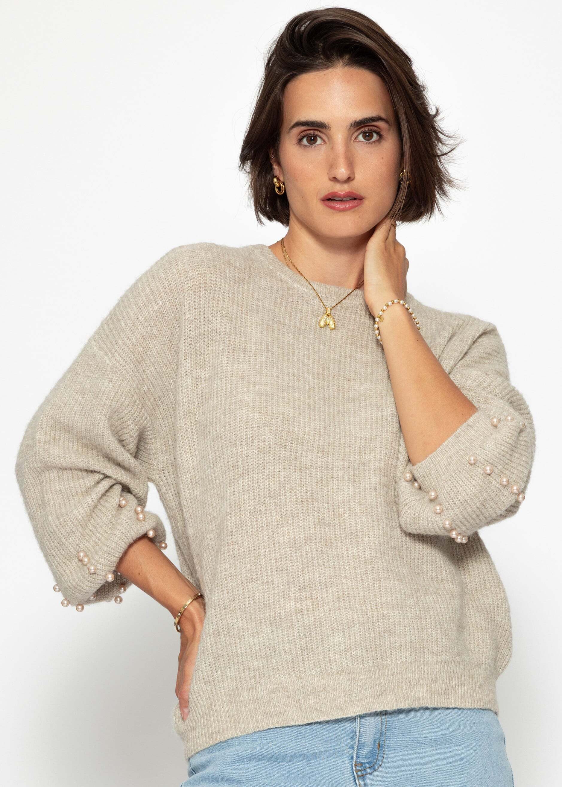 SASSYCLASSY Strickpullover Pullover mit Perlendetails für Damen Eleganter Pullover mit Rundhalsausschnitt Beige Hellblau Grau