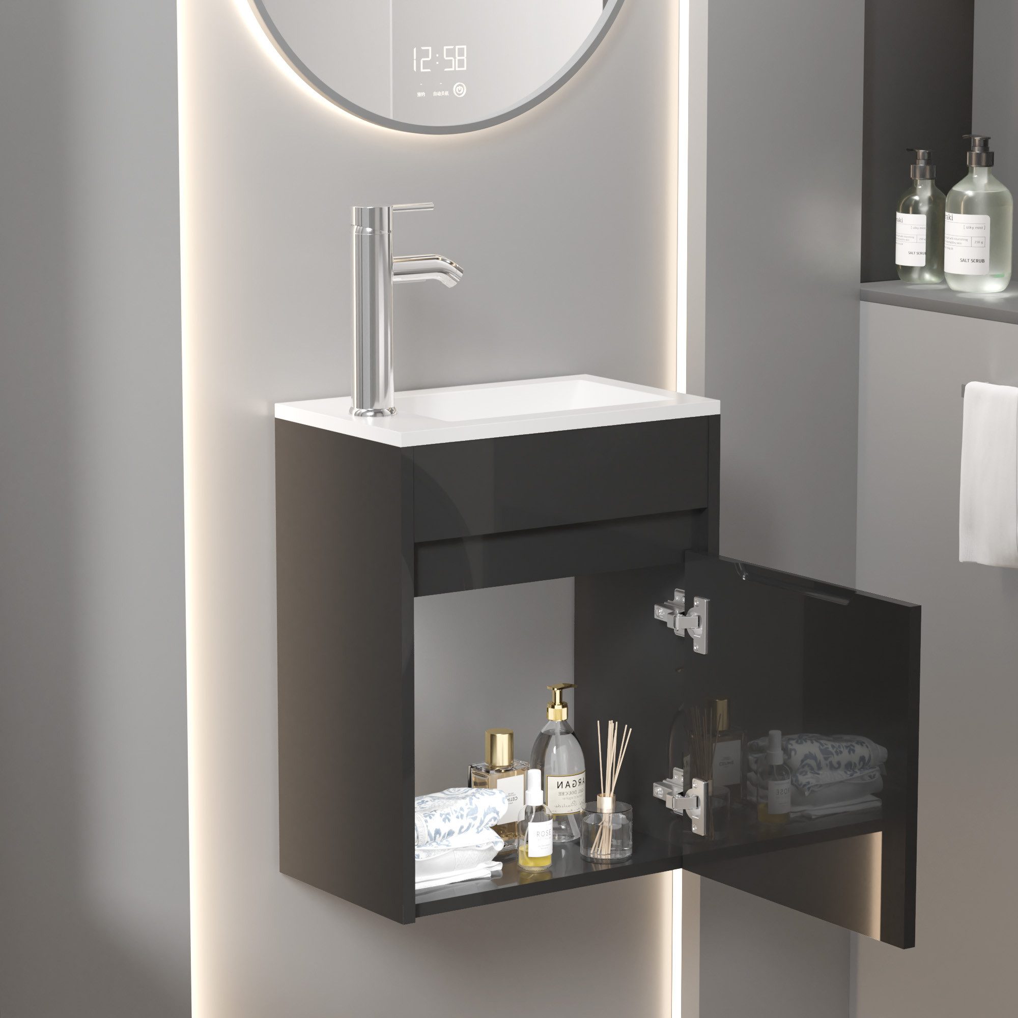 UEV Waschtisch Waschbecken klein mit Unterschrank set, Badmöbel Gäste-WC (Badmöbel Badezimmmer Schrank, Aufsatz-Waschbecken, Unterschrank mit Harzbecken Gästeba – Bild 4 von 5