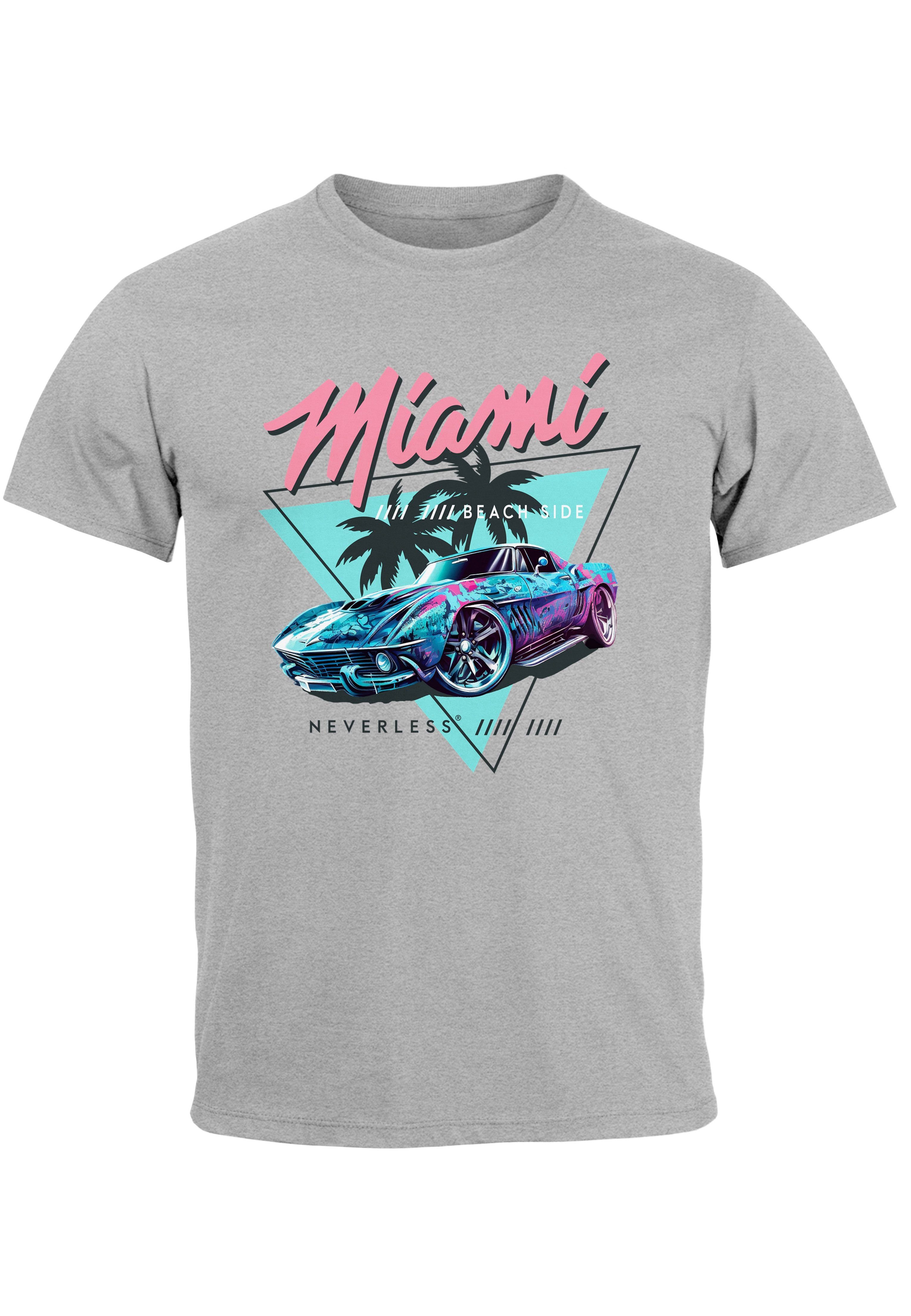 Neverless Print-Shirt Retro USA Print Herren Miami mit Automobil Surfing T-Shirt Motiv Bedruckt Beach grau