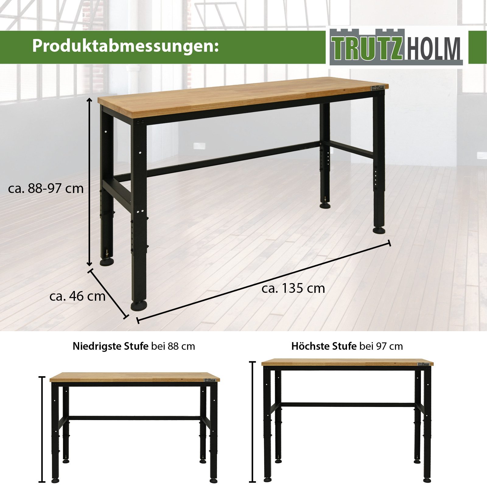 TRUTZHOLM Werkbank höhenverstellbar 135x46x88-97 cm 300kg Hartholz Werktisch Arbeitstisch, (1-tlg), Stahlgestell