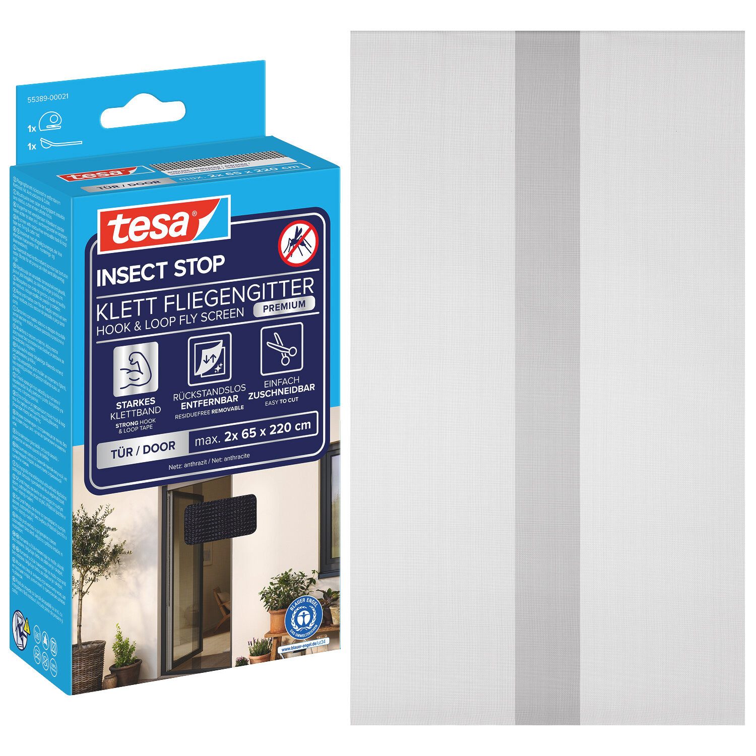 tesa Insektenschutz-Fensterrahmen Klett Fliegengitter Premium für Türen - ohne Bohren, (Spar-Set, 1-St., INSECT STOP - (2 x 65cm)120cm x 220cm - Anthrazit (Durchsichtig), Insektenschutz mit Klettband, rückstandsfrei entfernbar, zuschneidbar