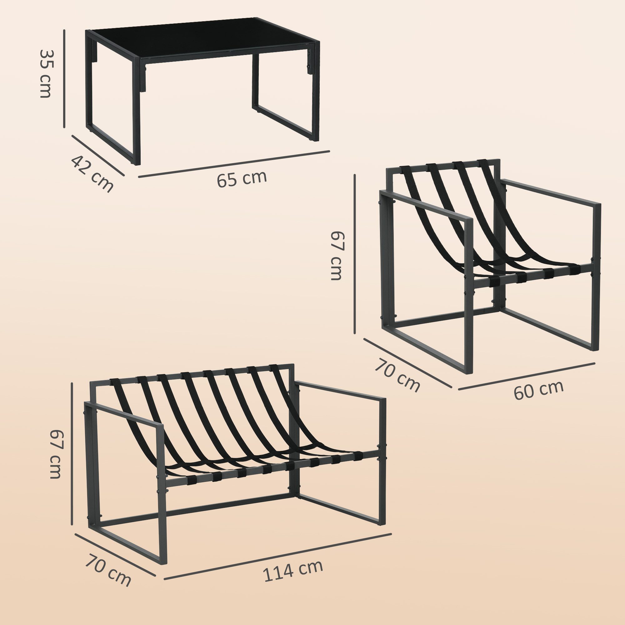 Outsunny Sitzgruppe Balkonmöbel-Set Terrassenmöbel mit 2er Sofa Glastisch wetterfest, (Dining Set, 4-tlg., Gartenmöbel-Set), mit Auflagen