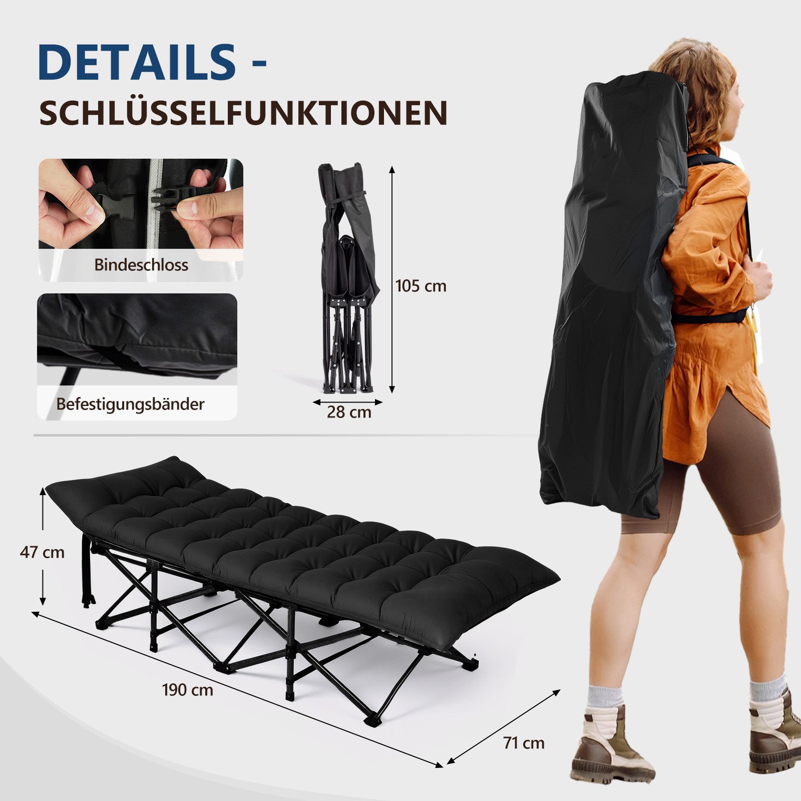 VINGLI Feldbett klappbar mit Matratze – Campingbett aus 600D Oxford Klappli günstig online kaufen