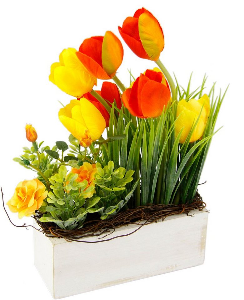 Gestecke Tulpen Wildrosen und Gras, aus Im cm, my Holz, 26 Blumendeko Topf, home, Höhe