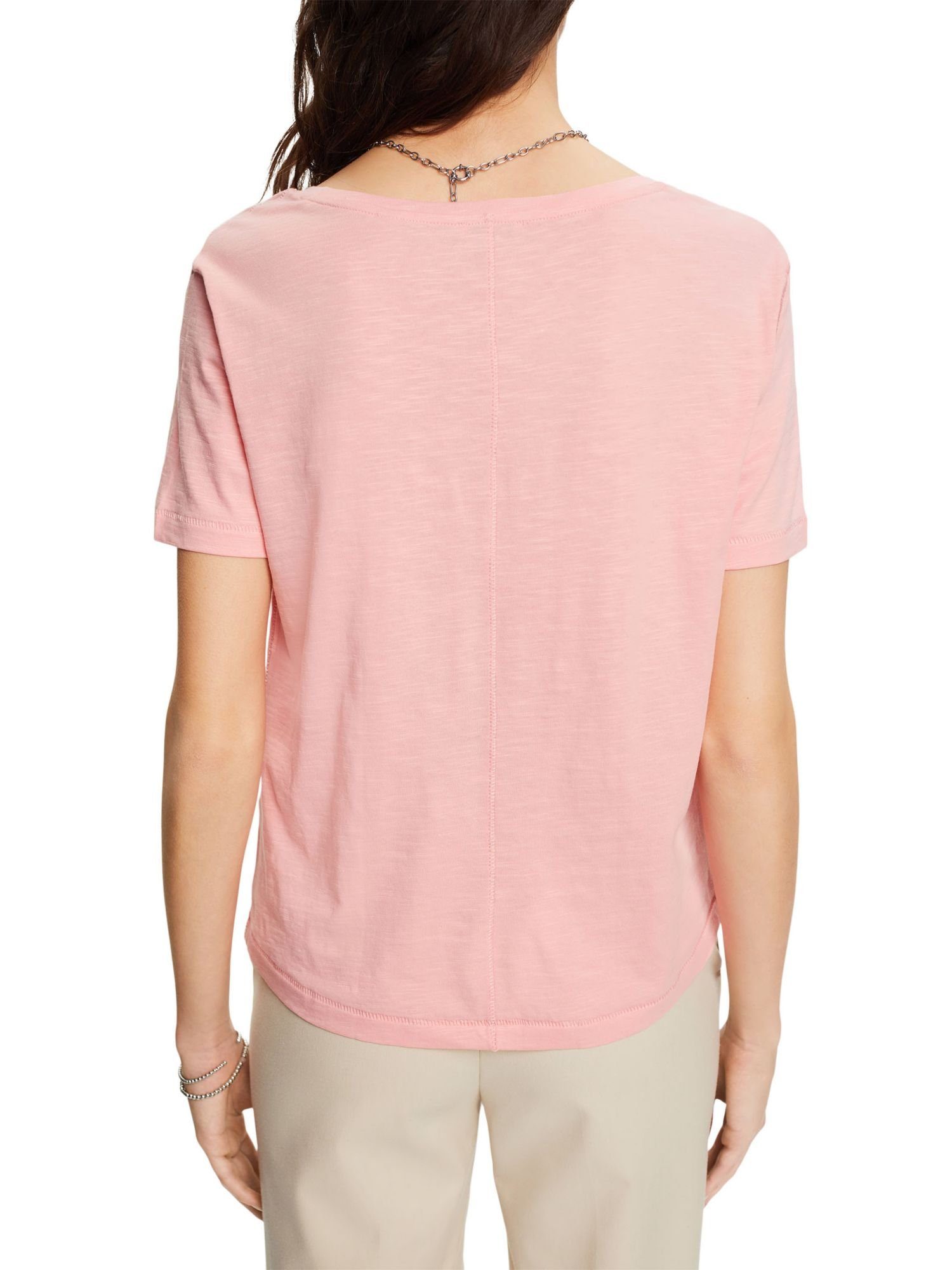 (1-tlg) Baumwoll-T-Shirt T-Shirt und Esprit Ziernähten PINK mit V-Ausschnitt