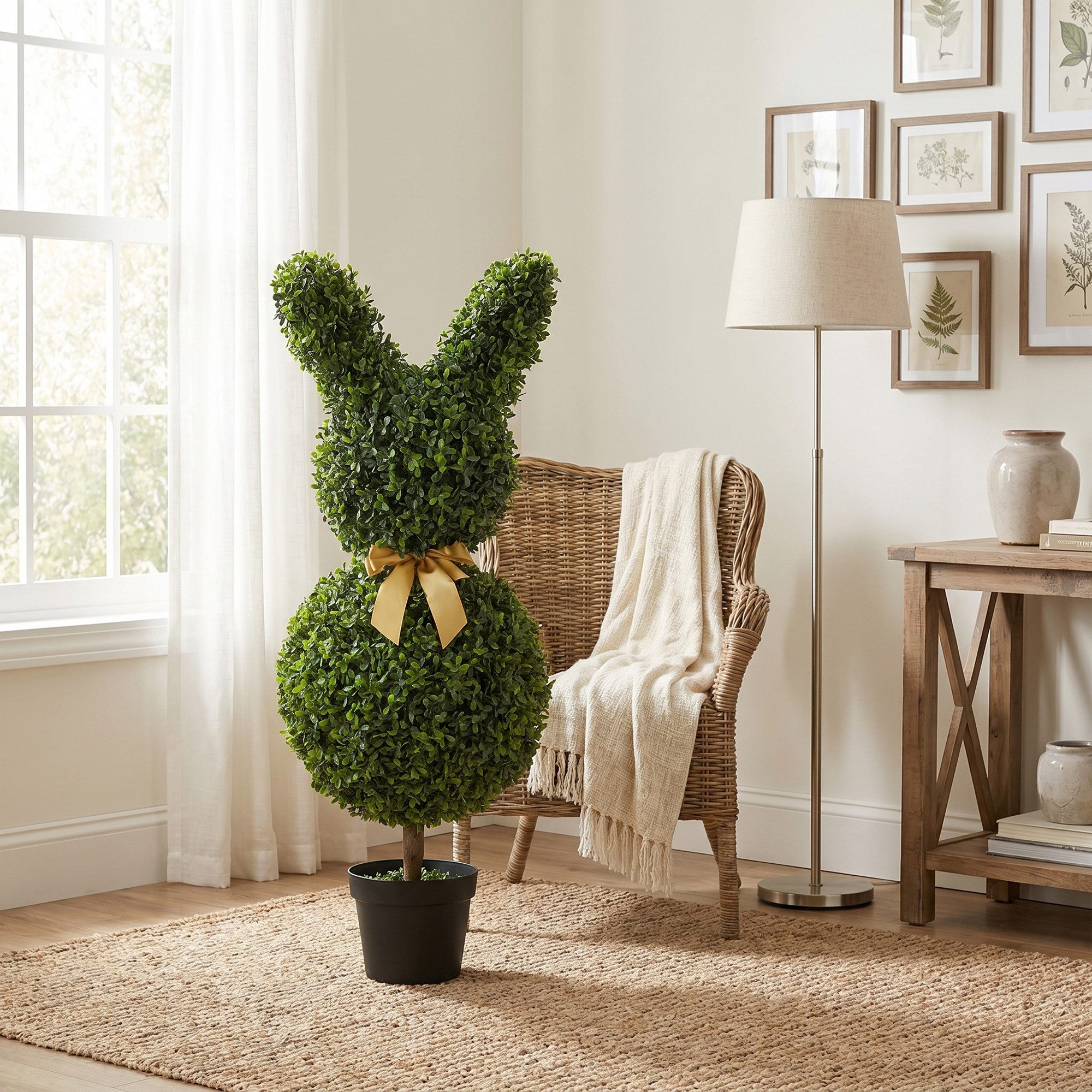 Kunstpflanze Künstliche Pflanze, Dekopflanze für Wohnzimmer, Deko, Garten Buchsbaum, HOMCOM, Höhe 83 cm, Kaninchenform, gelbe Schleife, Bodenpfahl