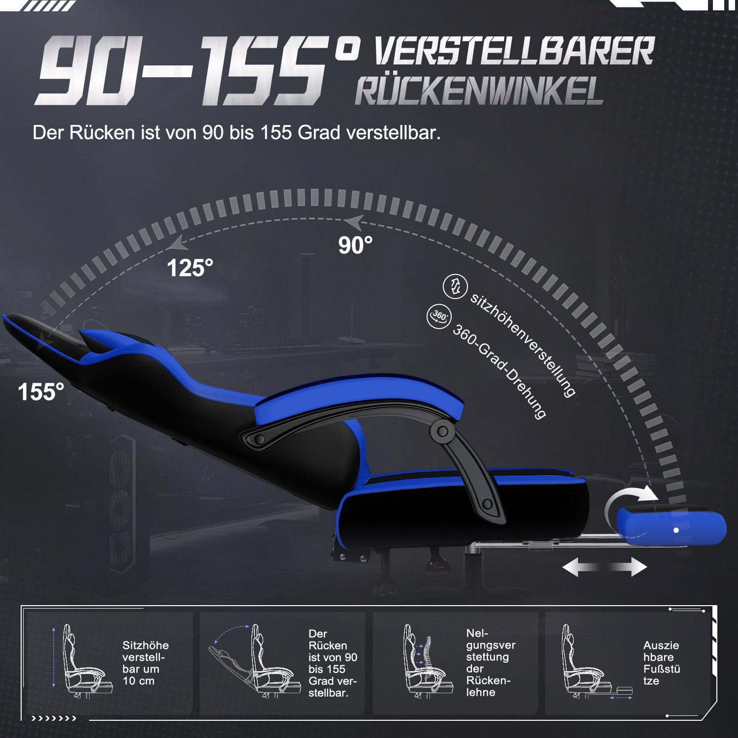 Adormii Gaming-Stuhl Gaming Stuhl ergonomisch Gaming Chair Bürostuhl verstellbare (Gaming Stuhl mit verstellbaren Lendenkissen, Armlehne und Kopfstütze, Gamer Stuhl Bequeme Sitzkissen), gepolsterter Gaming-Stuhl, bis 150 kg Belastbarkeit