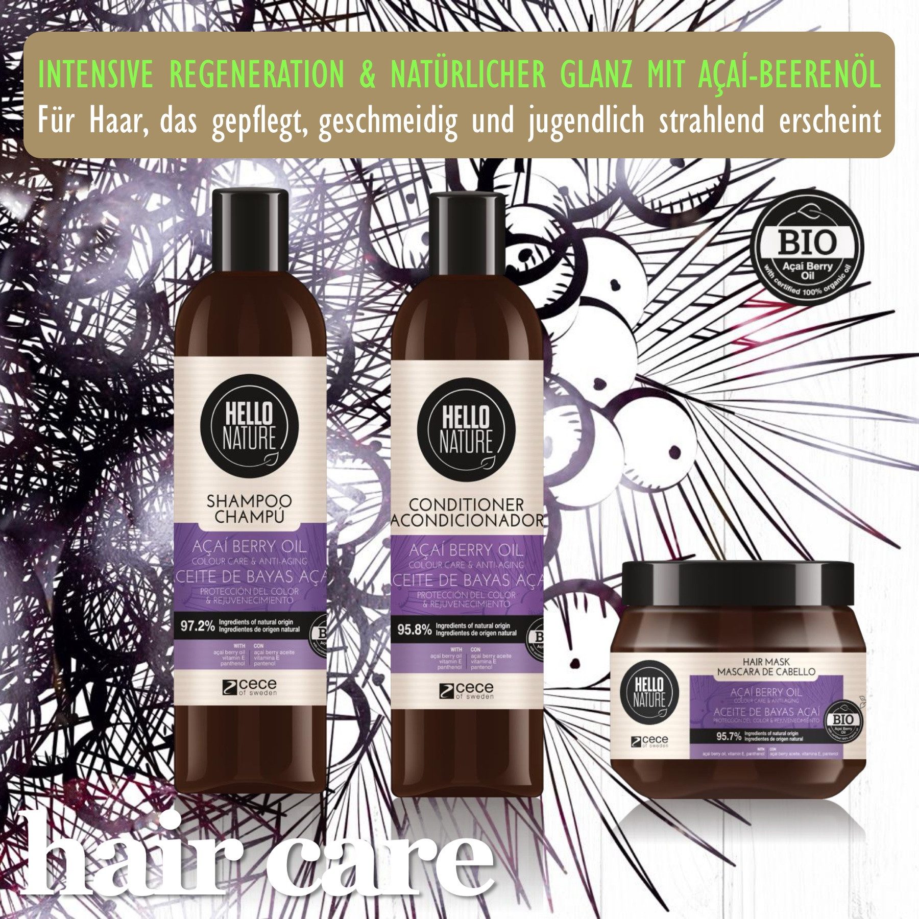 Hello Nature Haarpflege-Set Haarkur Haar Shampoo Conditioner Haarmaske Set Acai Beere Bio Vegan, Haarpflege, Haarkur, Haarmaske, Conditioner