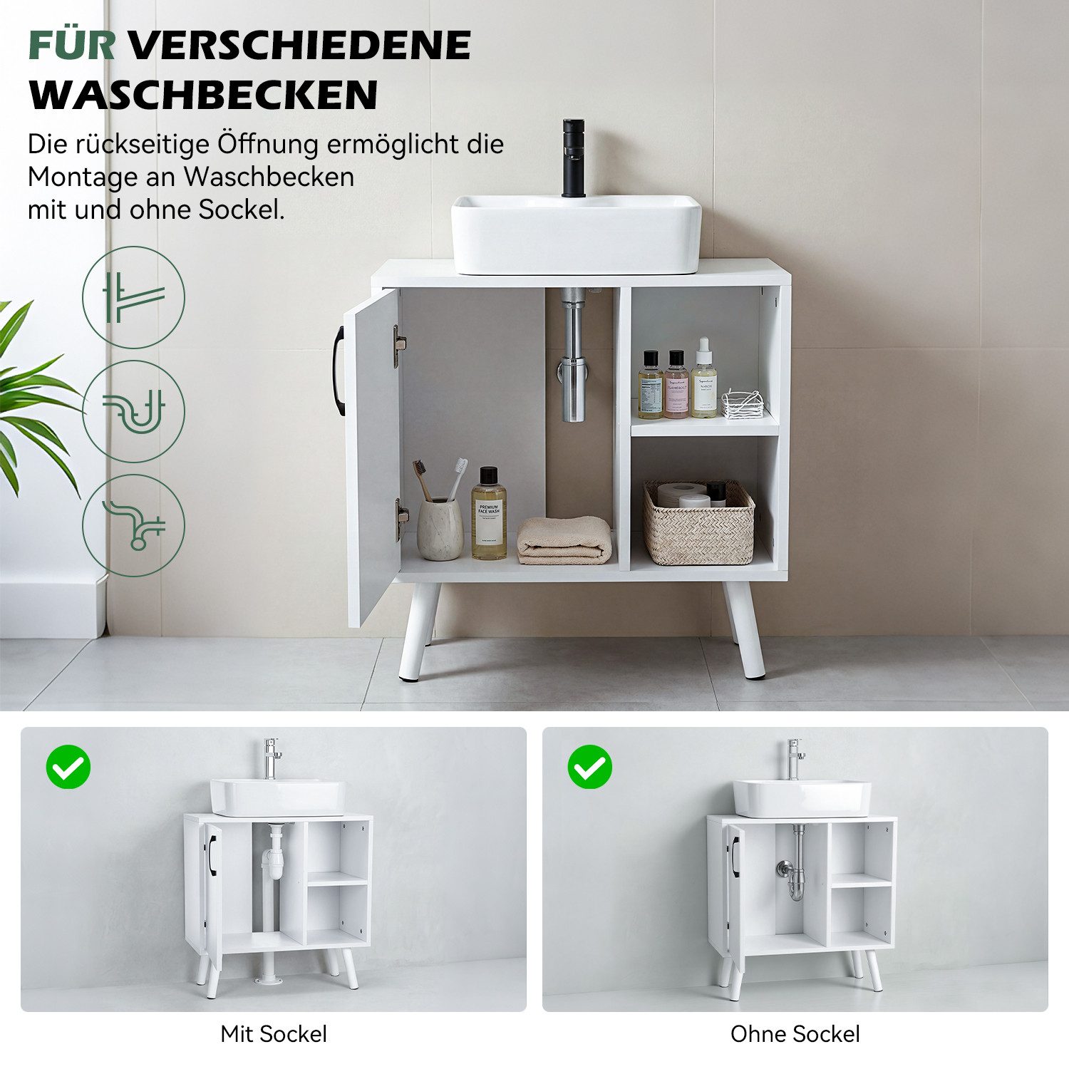 oyajia Waschbeckenunterschrank Badezimmerschrank 60 x 30 x 61 cm, mit 1 Türen, 2 Fächern (Badezimmerschrank Waschbeckenunterschrank Badschrank Unterschrank) mit Füßen