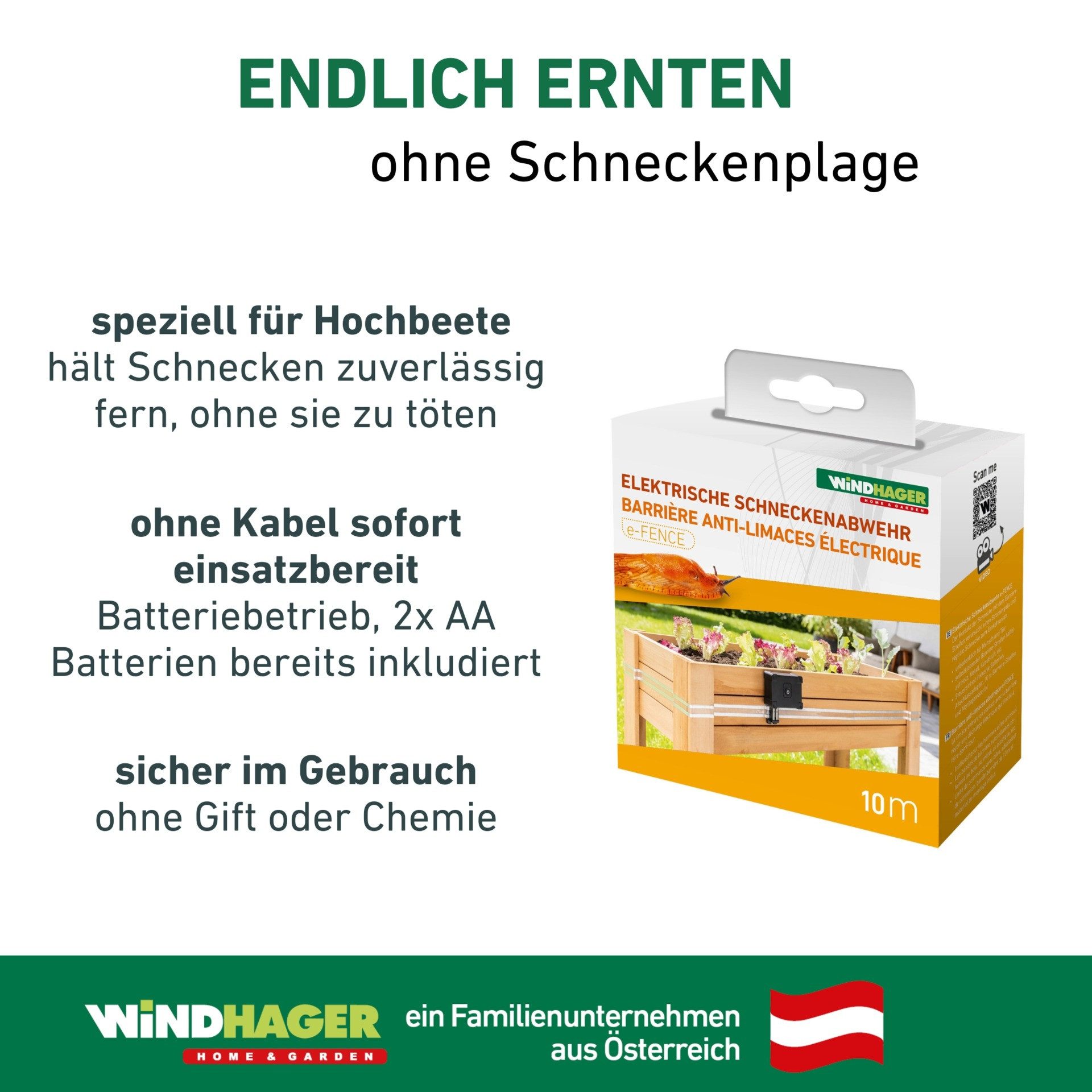 Windhager Elektrischer Schneckenzaun elektrisch inkl. 10 m Barrierestreifen, Schneckenabwehr e-FENCE, 1-tlg., für Hochbeete, Schneckenband selbsklebend