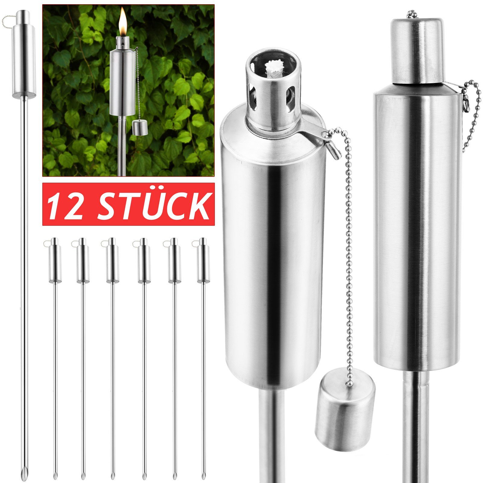 Deuba Gartenfackel, -, 12er Set Edelstahl Öl 330ml Rostfrei 115cm Draußen Garten Fackeln