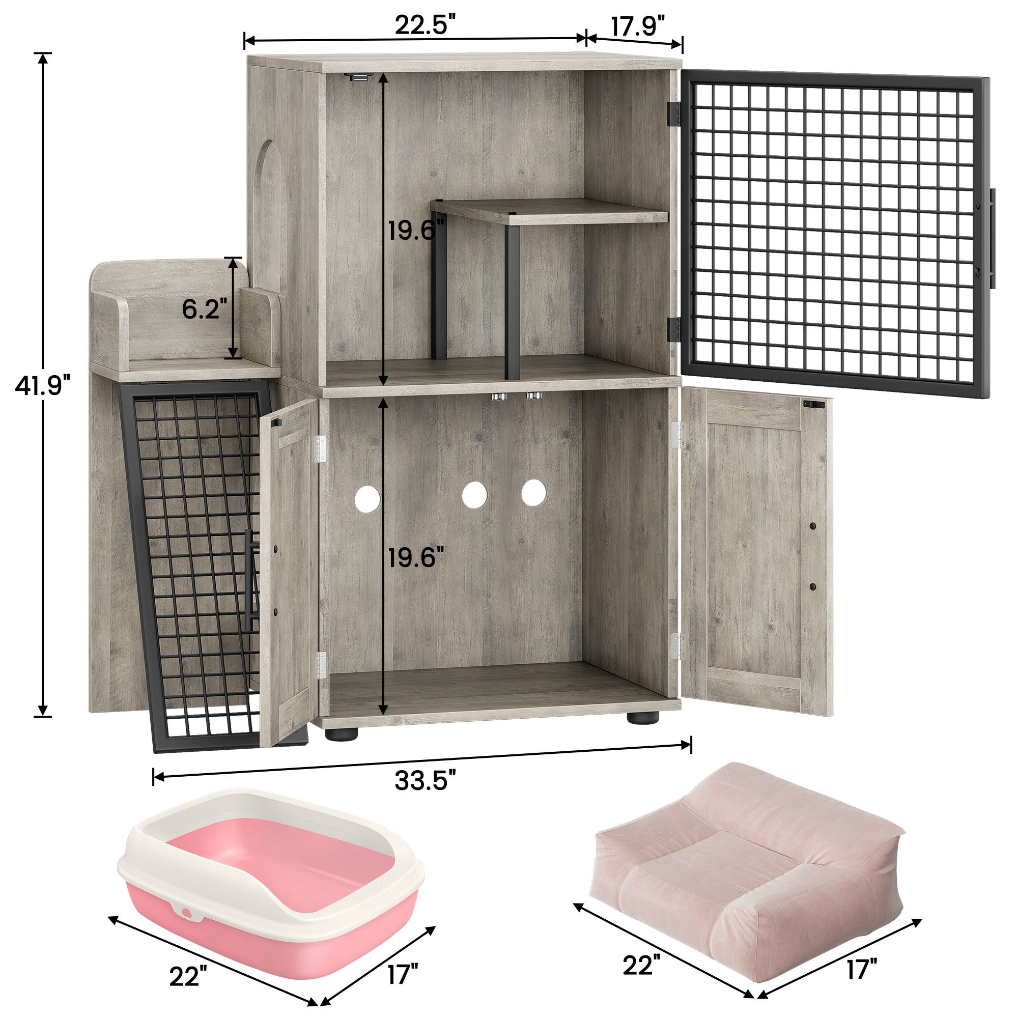 GarveeMore Katzentoilette mit Doppeltüren & Plattform,Moderner Villa-Katzenschrank mit Leiter, Doppelschichtige versteckte Katzentoilette,Katzentoilettengehäuse,Weiß