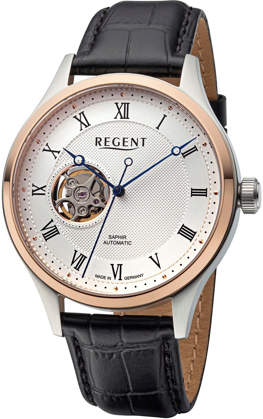 Regent Mechanische Uhr, Armbanduhr, Automatikuhr, Herrenuhr, Saphirglas, offene Unruh