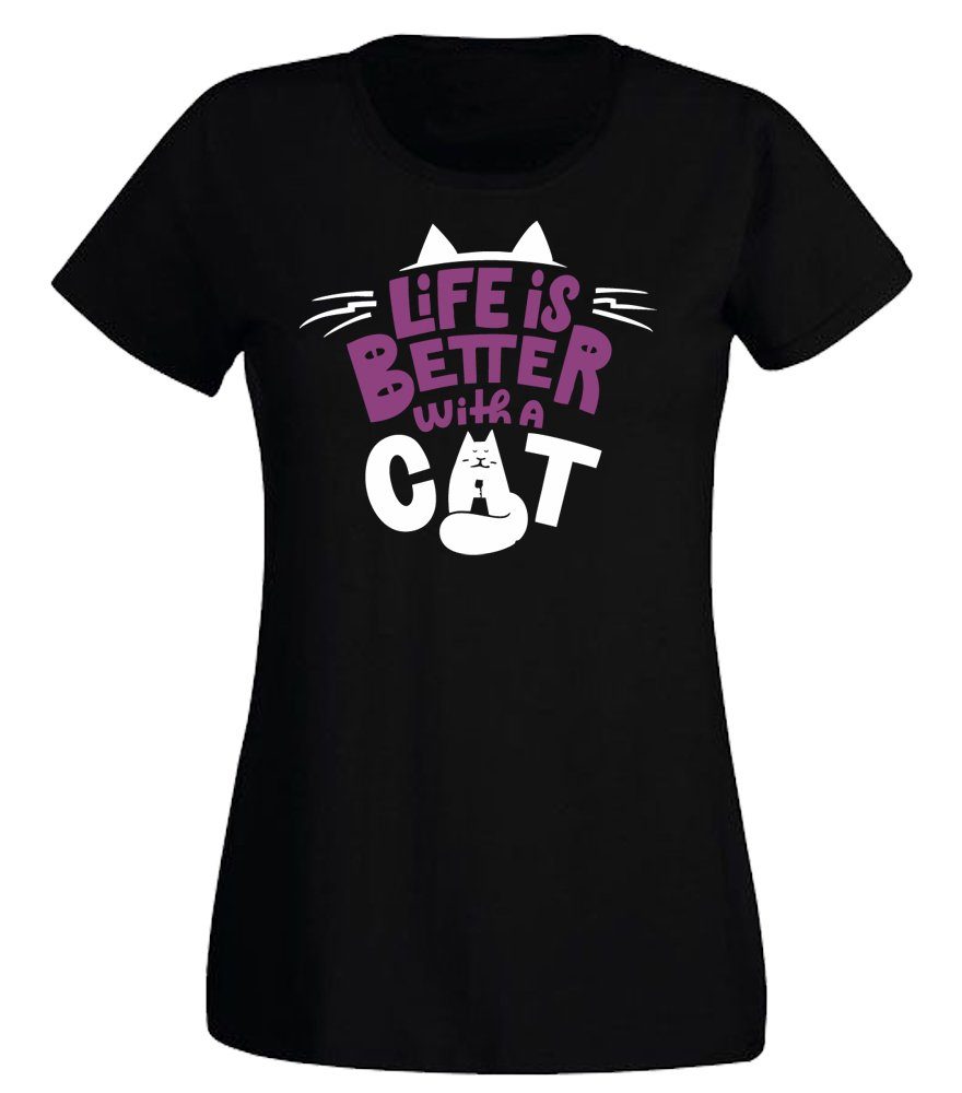 T-Shirt Damen T-Shirt - Life is better with a cat