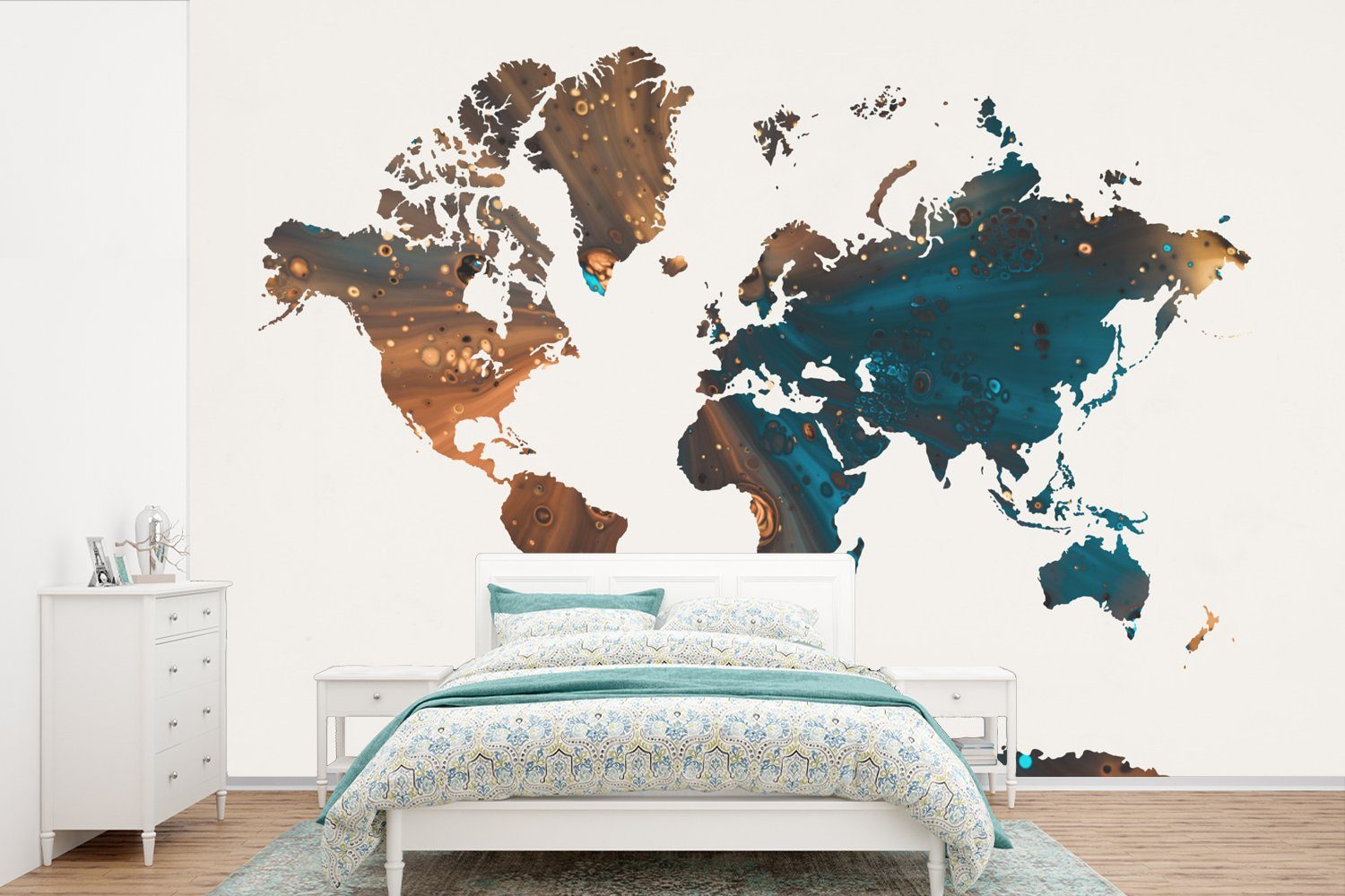 MuchoWow Fototapete Weltkarte Tapete Farbe, Wohnzimmer, für Schlafzimmer, - St), (6 Vinyl Wallpaper Kinderzimmer, Blau - Matt, bedruckt