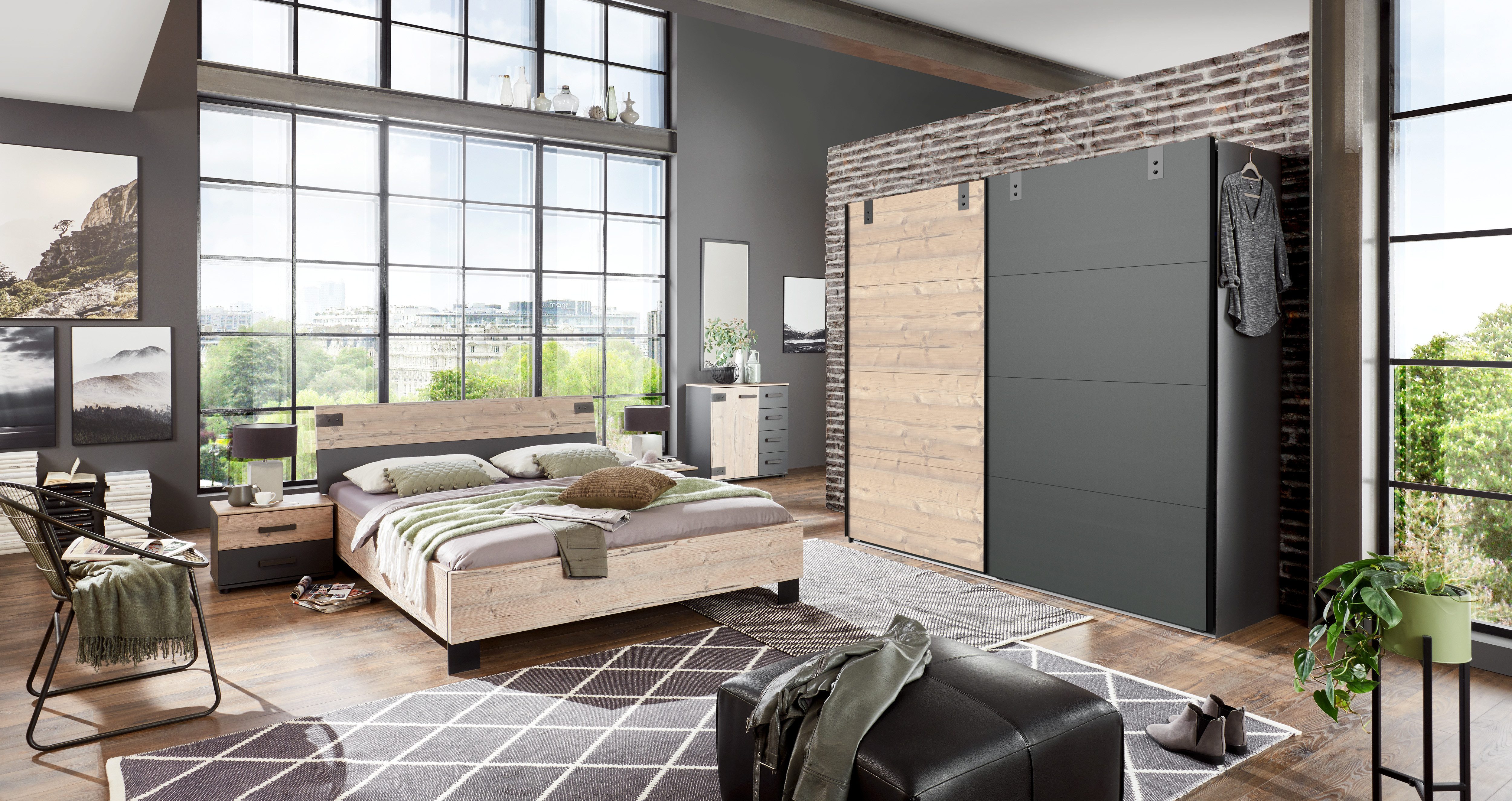 möbel-direkt.de Komplettschlafzimmer Malmö in Silver Fir und Grafit, (Komplett-Set, 5-tlg., Verschiedene Schrankbreiten wählbar), Made in Germany