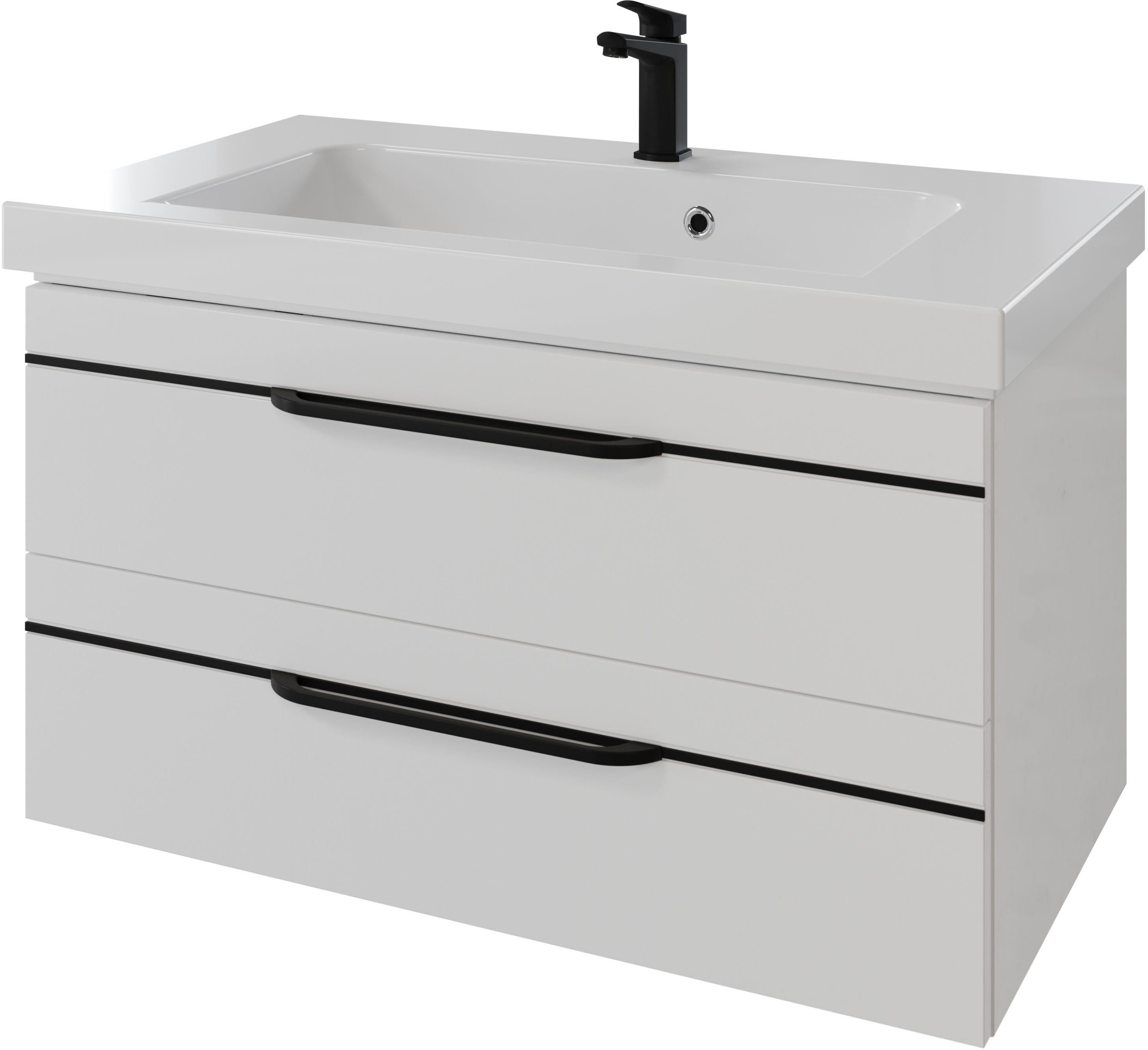 Saphir Badmöbel-Set Balto 2-teilig Mineralmarmor-Waschtisch mit LED-Spiegel, Waschplatz, (2-St), 92 cm breit, mit 2 Schubladen, Badschrank inkl. Schubladendämpfer