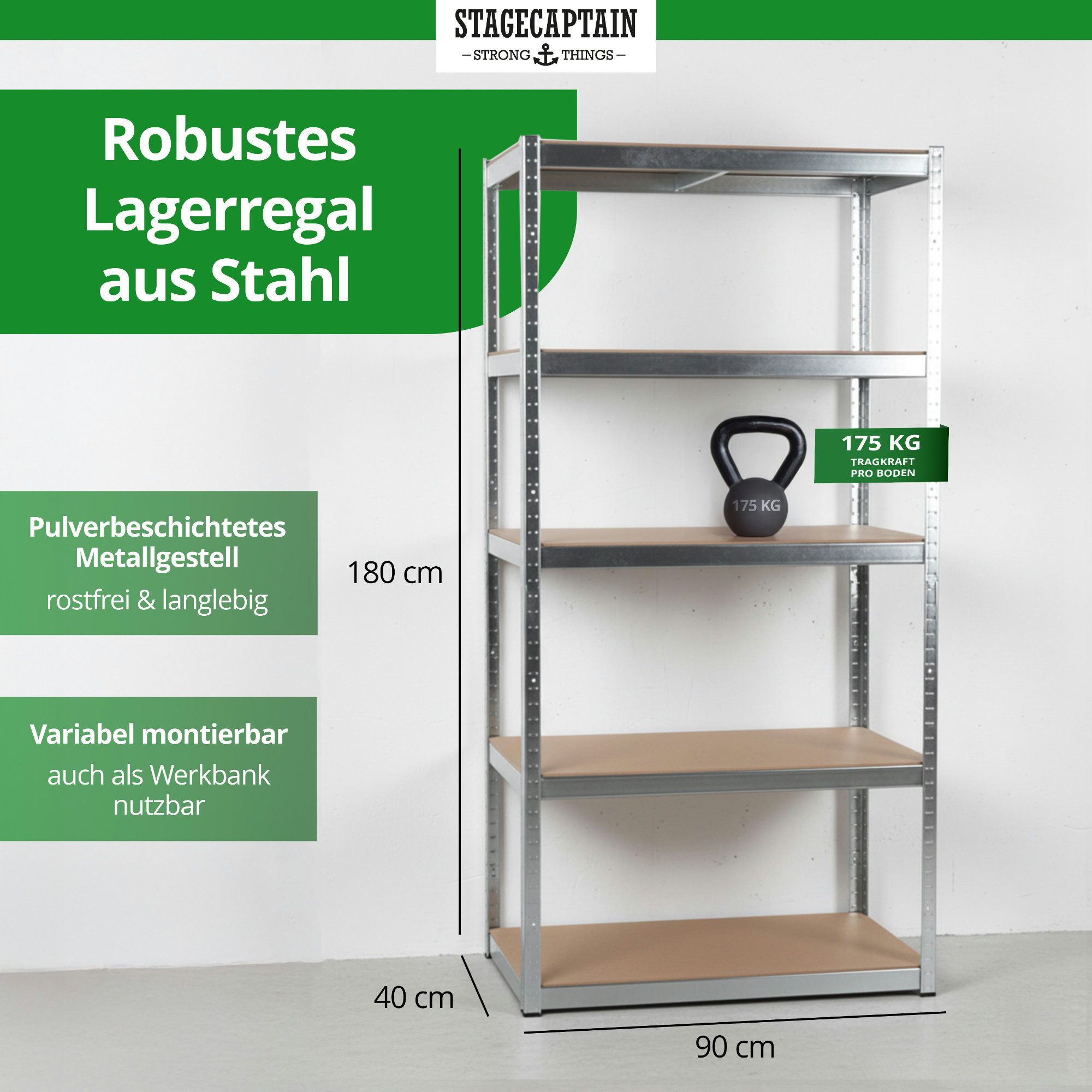Stagecaptain Schwerlastregal Lagerregal - 5 variabel montierbare Böden - auch als Werkbank umbaubar, Tragkraft pro Boden: 175 kg, gesamt 875 kg