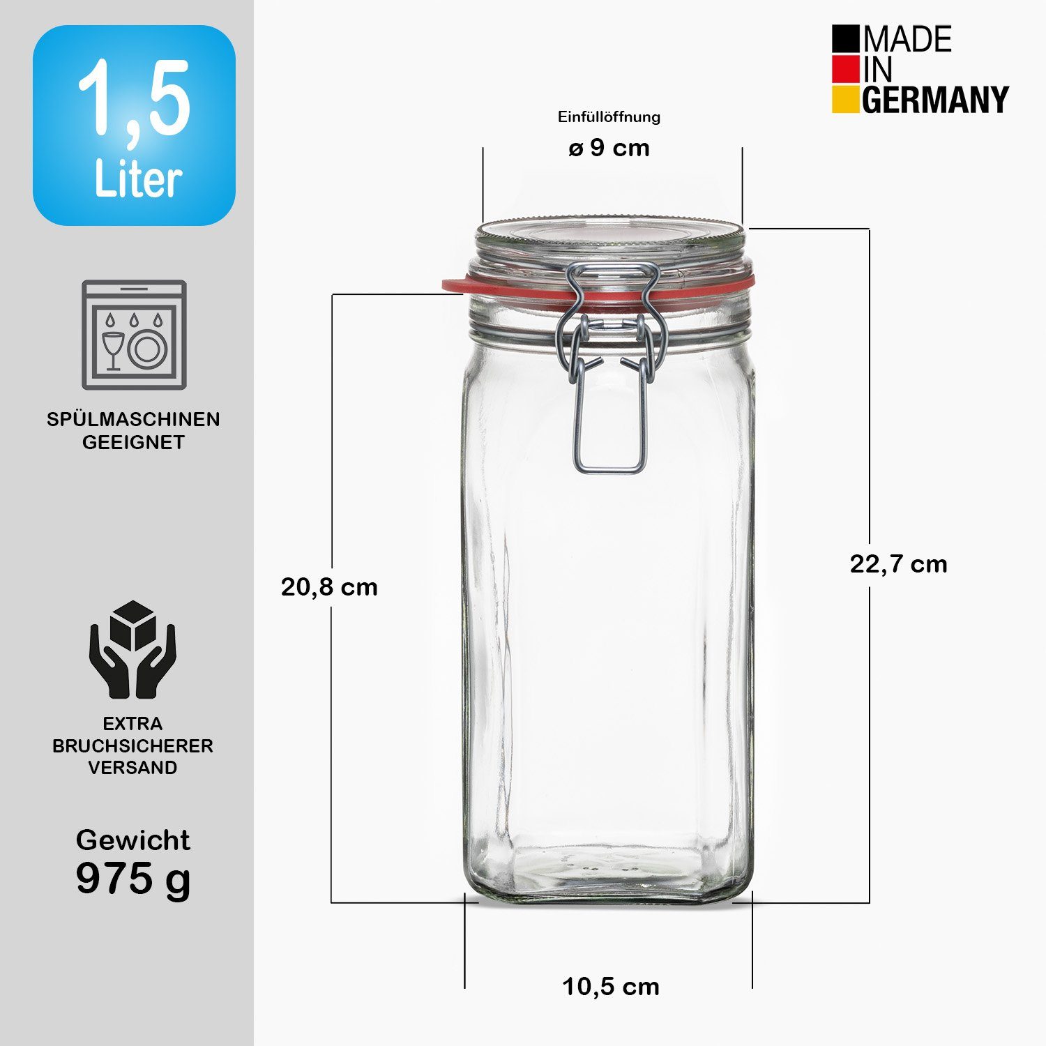 BigDean Einmachglas 6x Vorratsgläser 1,5L Deckel & Bügelverschluss Made in Germany, Glas, (Set, 6-tlg., Einmachgläser), Einweck Glas, Bügelverschluss, Luftdicht mit Kautschuk Dichtung