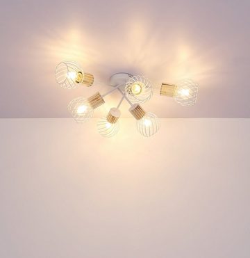 Globo Deckenleuchte LUISE, 6-flammig, Weiß, Metall, Holz, Ø 70 cm, ohne Leuchtmittel, Deckenlampe