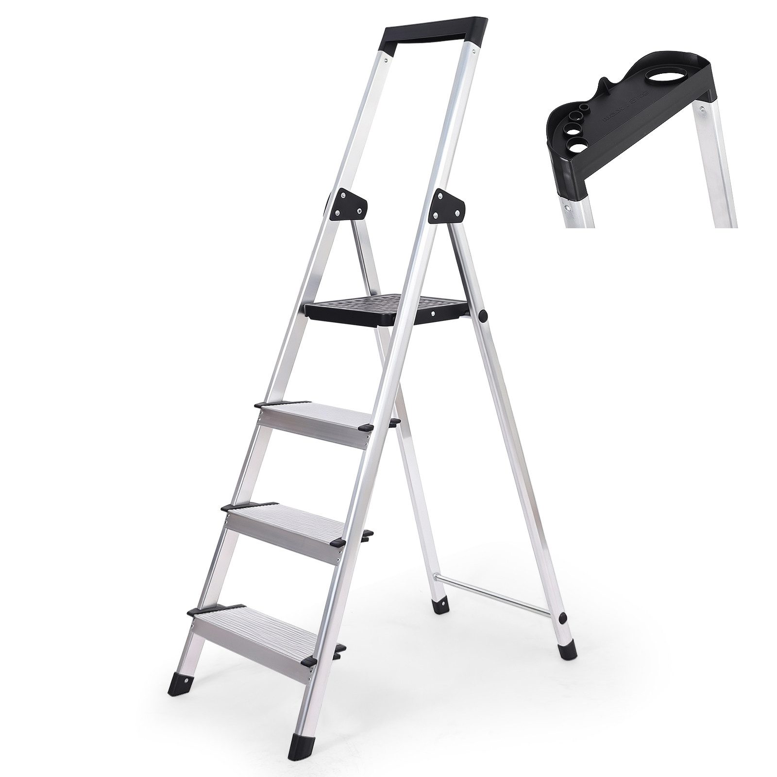 Sekey Stehleiter 4-5 Stufen Haushaltsleiter Aluminium Trittleiter Klappbar Klappleiter, 4-Stufen Alu Stehleiter mit Werkzeugablage, 12 cm Trittstufen, 150 kg