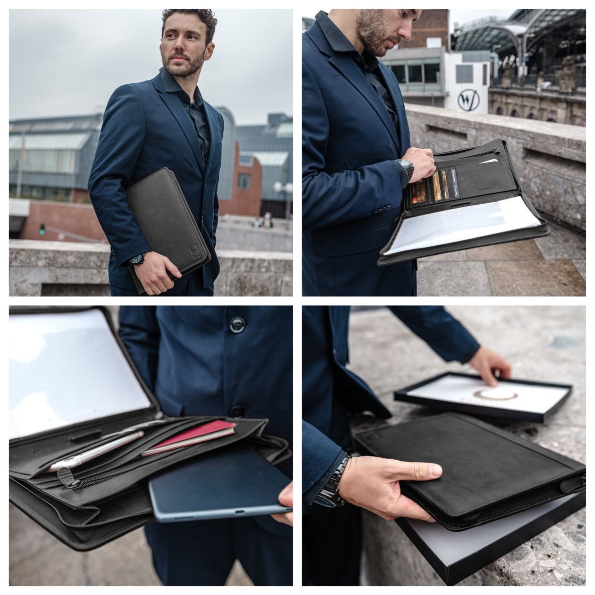 Corno d´Oro Aktenmappe für bis 12 Zoll Tablet iPad Handmade Konferenzmappe A4 Leder Schwarz, Schreibmappe mit Reißverschluss, RFID Schutz, im Geschenkbox