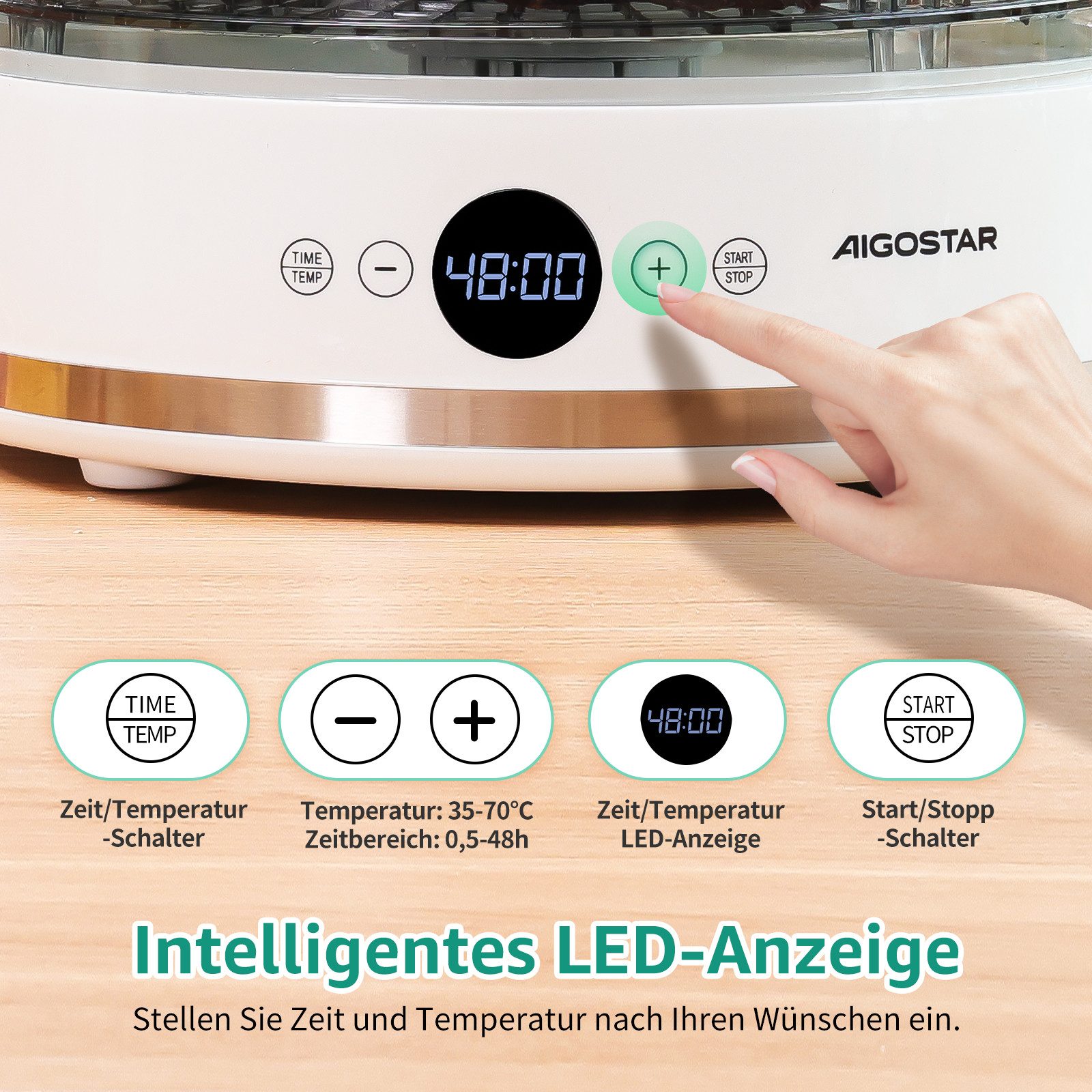 Aigostar Dörrautomat Dörrgerät mit "FAN"-Modus, Temperatur 35-70°C, 5 höhenverstellbaren 380 W, 5 Etagen, LED-Anzeige, 48h-Timer, leiser Betrieb, BPA-frei, Rezeptbuch inklusive