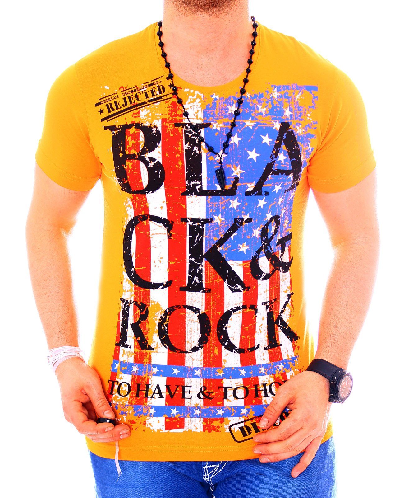 BLACKROCK T-Shirt Herren Urlaub Slim-Fit Print Amerika Orange kurzarm USA bedruckt Rundhals