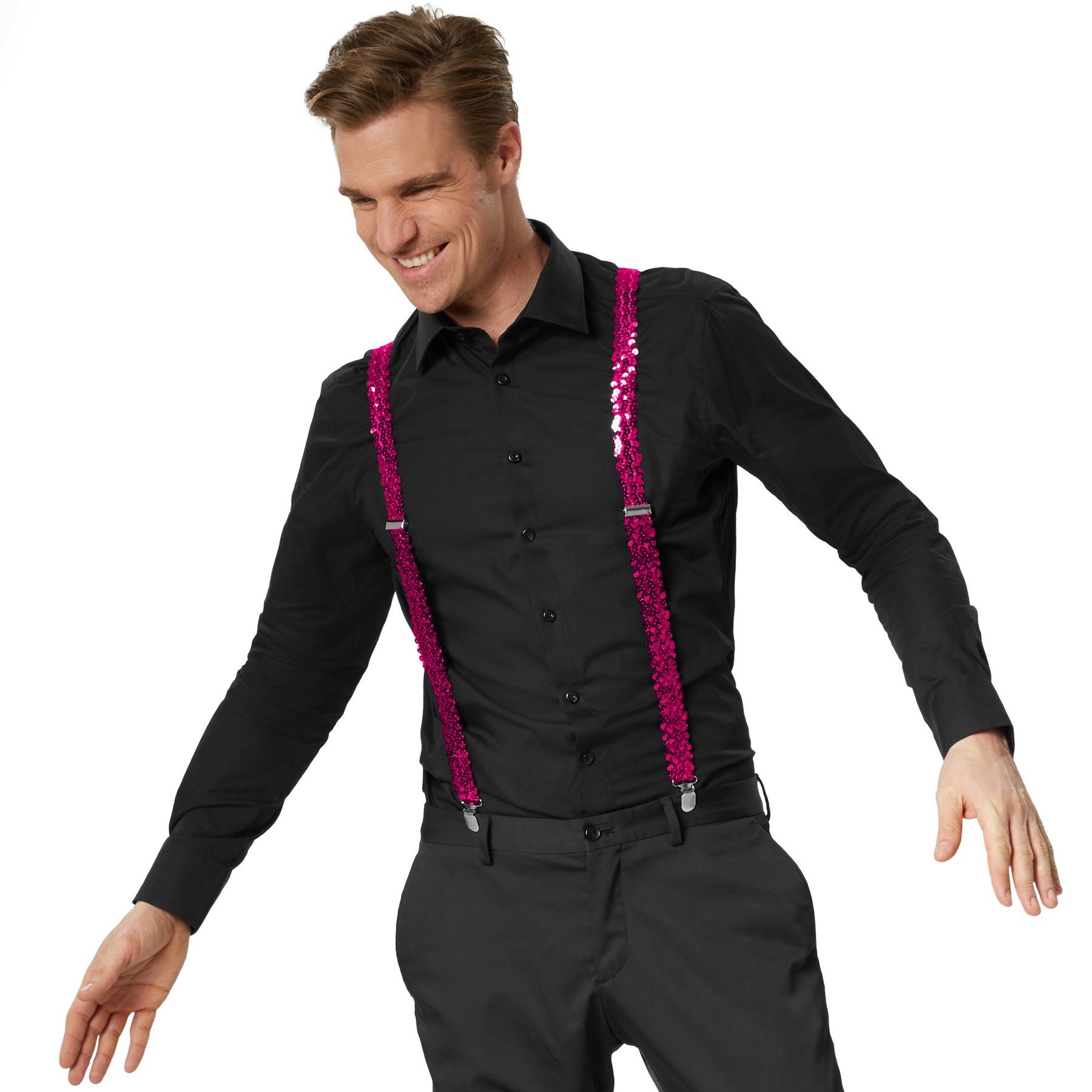 dressforfun Hosenträger Hosenhalter, Unisex-Hosenträger in Einheitsgröße, Breite: ca. 3 cm (Hosenheber, Konfektionsgröße 0 in pink) Verzierung mit glänzenden Pailletten, Individuell verstellbar
