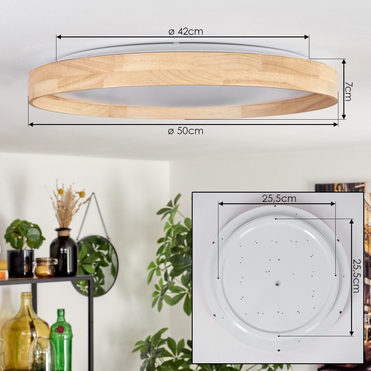 hofstein Deckenleuchte Deckenlampe aus Holz/Metall/Kunststoff in Natur/Weiß, LED wechselbar, 3000 Kelvin, im skandinavisch/modernen Design mit rundem Schirm (50cm), 1-flammig