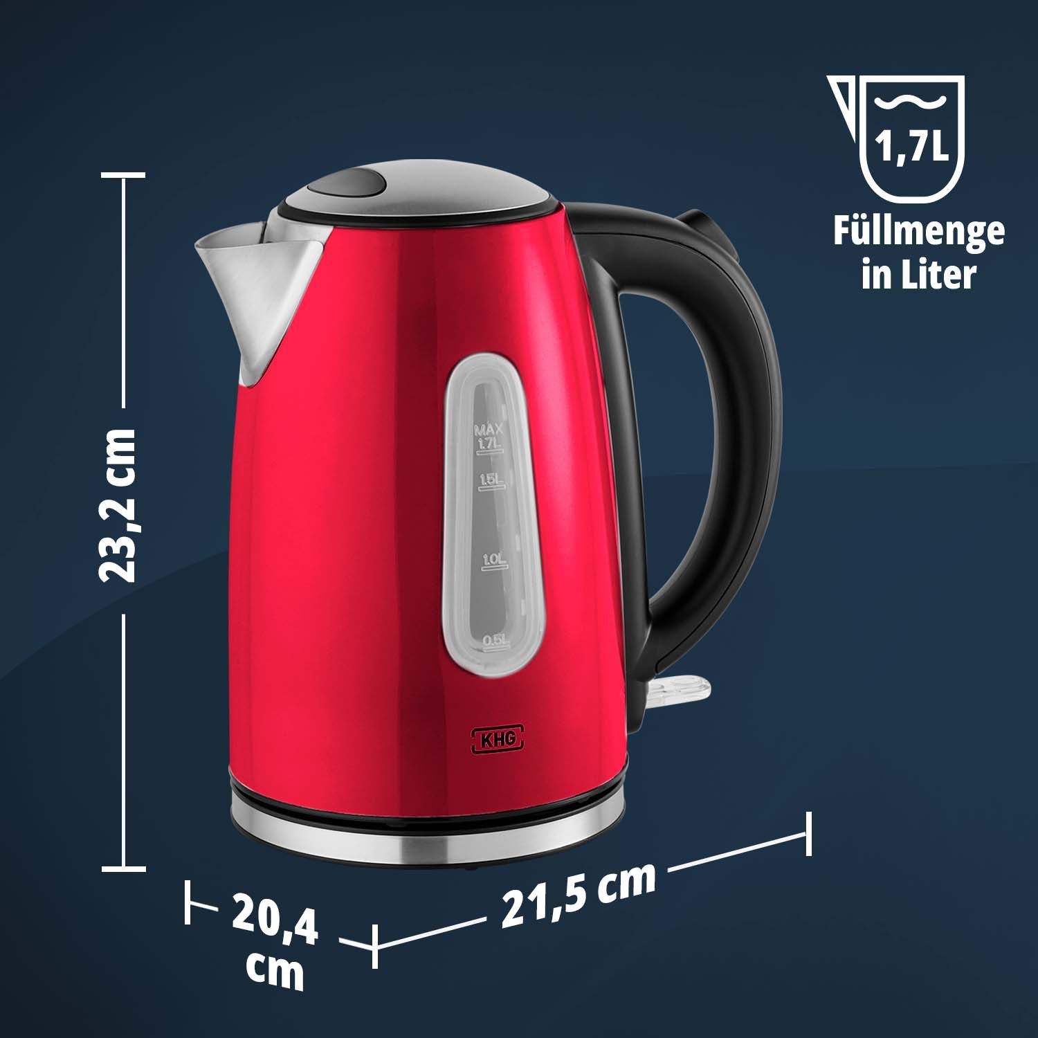 KHG Wasserkocher Wasserkocher WK-1707 in rot aus Edelstahl, 1,7 Liter, 1.7 l